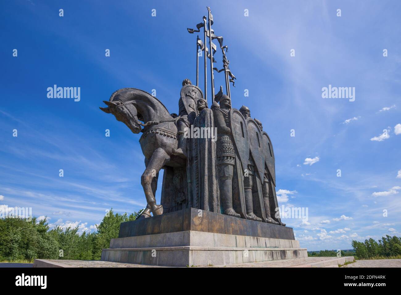 PSKOV, RUSSIA-JUNE 11, 2018: At the foot of the monument 'Battle of the Ice' on a Sunny June day Stock Photo