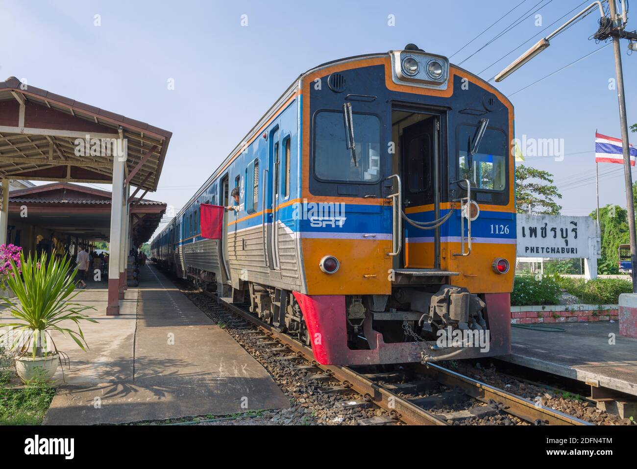 PHETCHABURI, THAILAND - DECEMBER 13, 2018: Passenger train at the platform of the Phetchaburi city station. Thai Railways Stock Photo