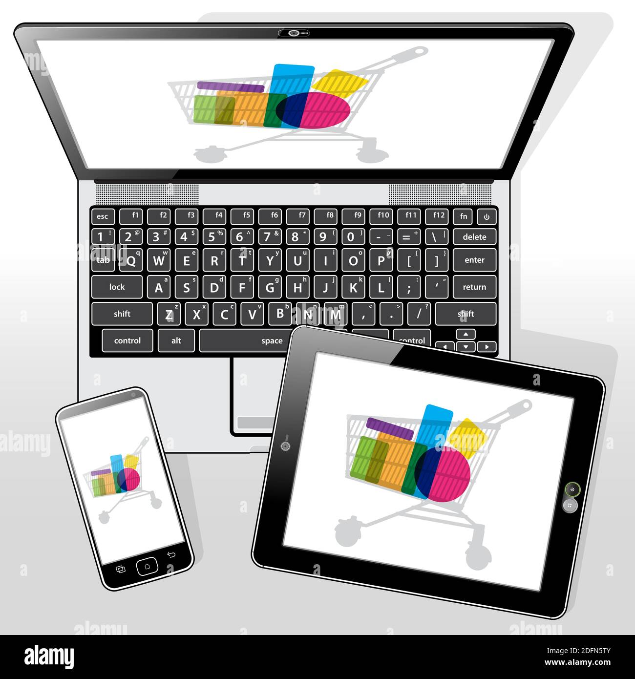 Online e-retail (e-commerce) shopping presented on the 3 presented Mobile devices. Stock Vector
