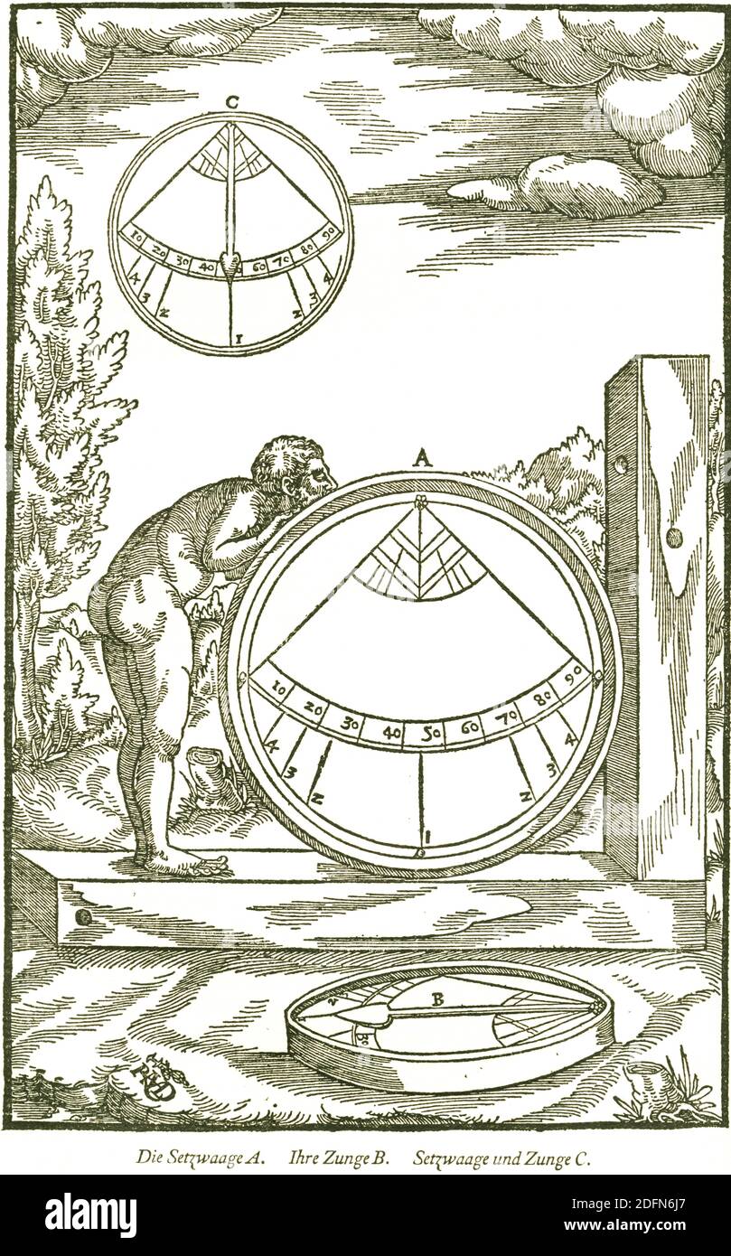 Die Setzwaage, historical account from Georgius Agricola De re metallica libri XII, Berg- und Huettenwesen, Metallkunde, published 1556 Stock Photo