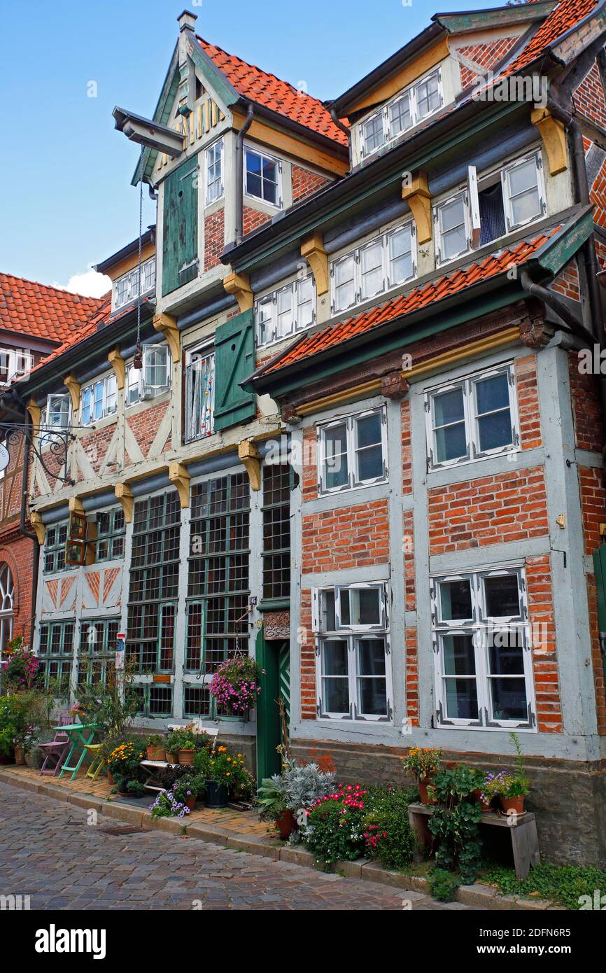 Historic brewery and distillery house, built 1633, in an old town alley of Lauenburg, Duchy of Lauenburg County, Schleswig-Holstein, Germany Stock Photo