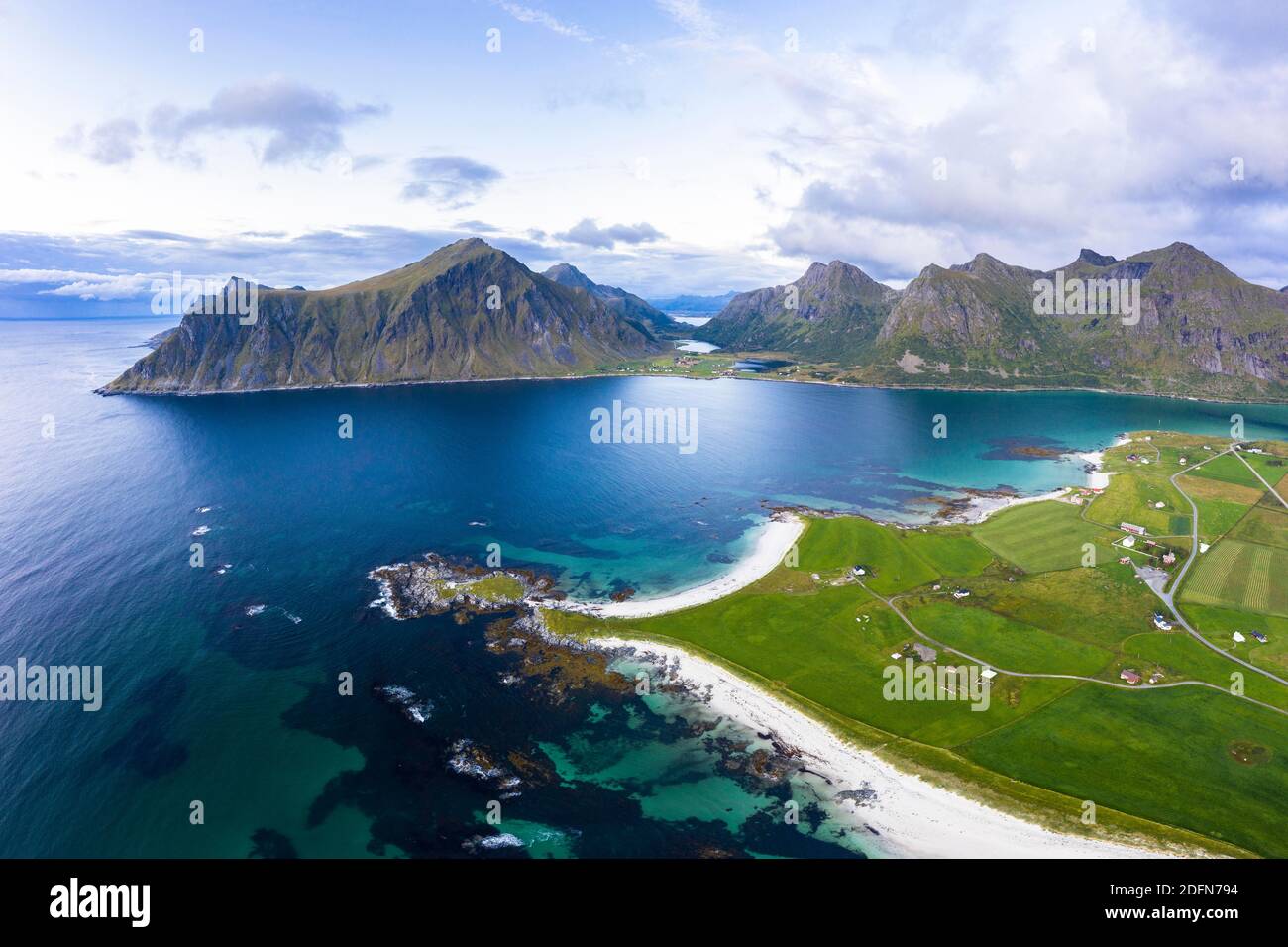 View Of Flakstad And The Beach Of Skagsanden Mountains And Fjord Aerial View Lofoten Norway Stock Photo Alamy