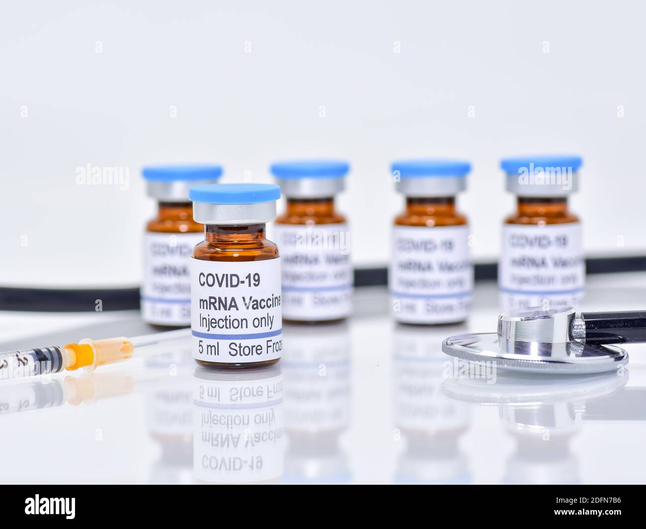 Novel coronavirus COVID-19 mRNA vaccine vials. Illustrative image not the actual product Stock Photo