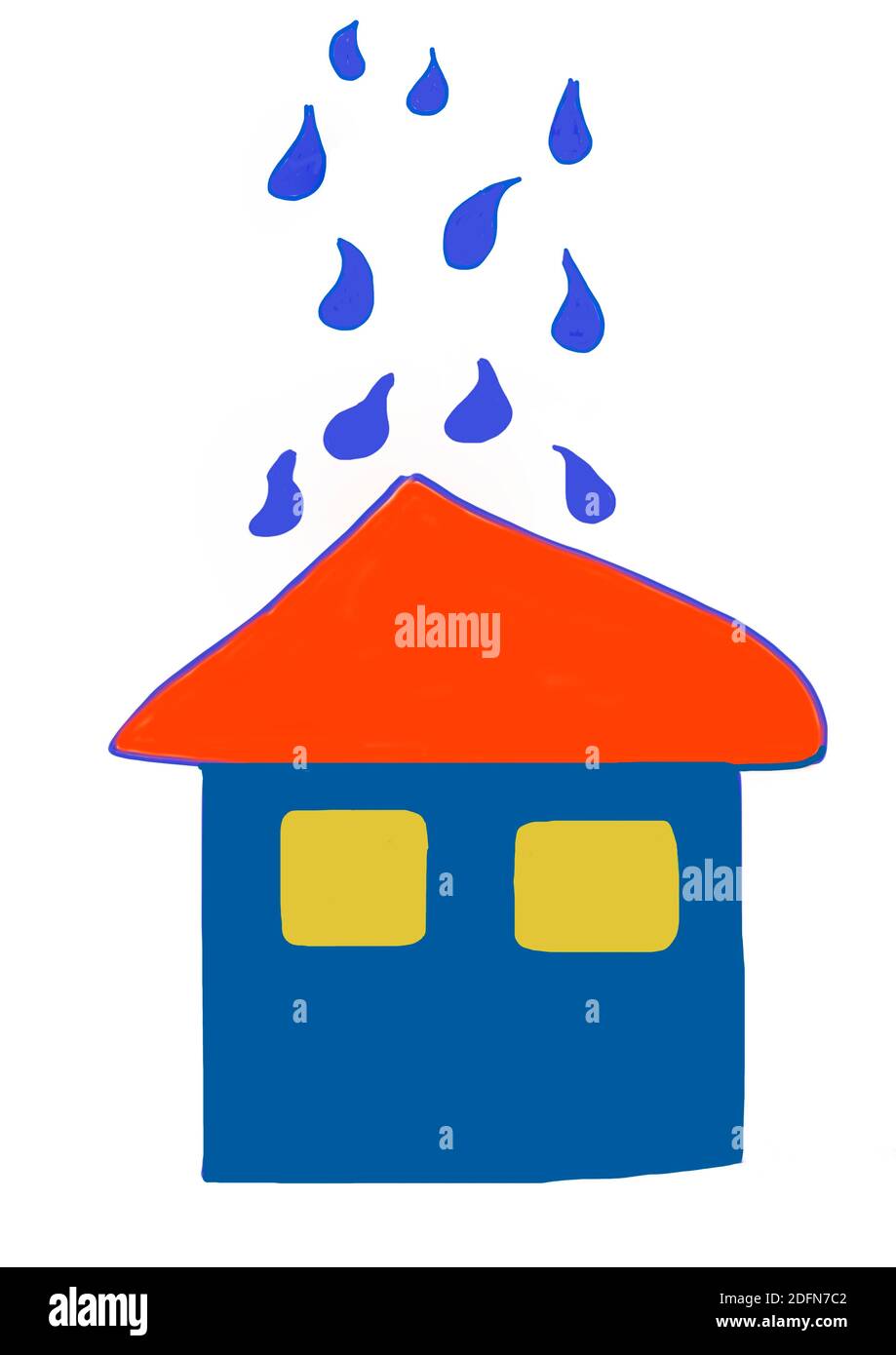 Naive illustration, children's drawing, raindrops fall on a house, Austria Stock Photo