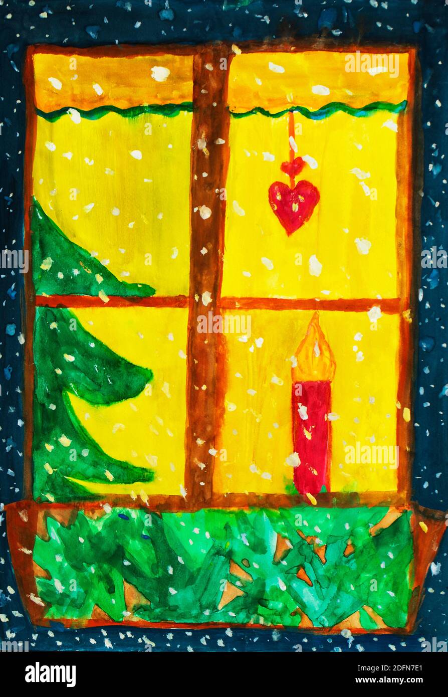 Naive illustration, children's drawing, Christmas, view through a window to the Christmas tree, Austria Stock Photo