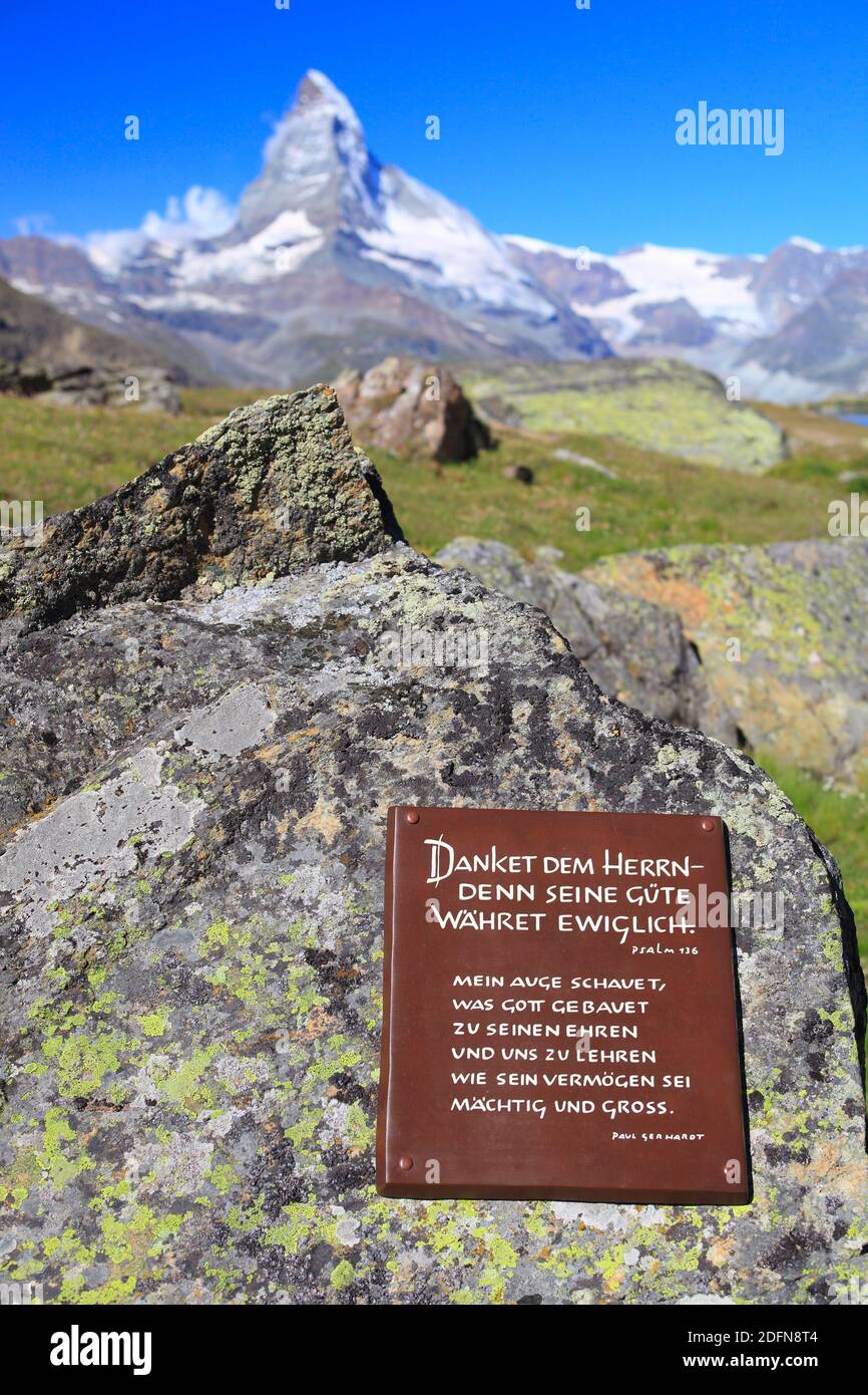Bible verse off the Matterhorn, Valais, Switzerland Stock Photo