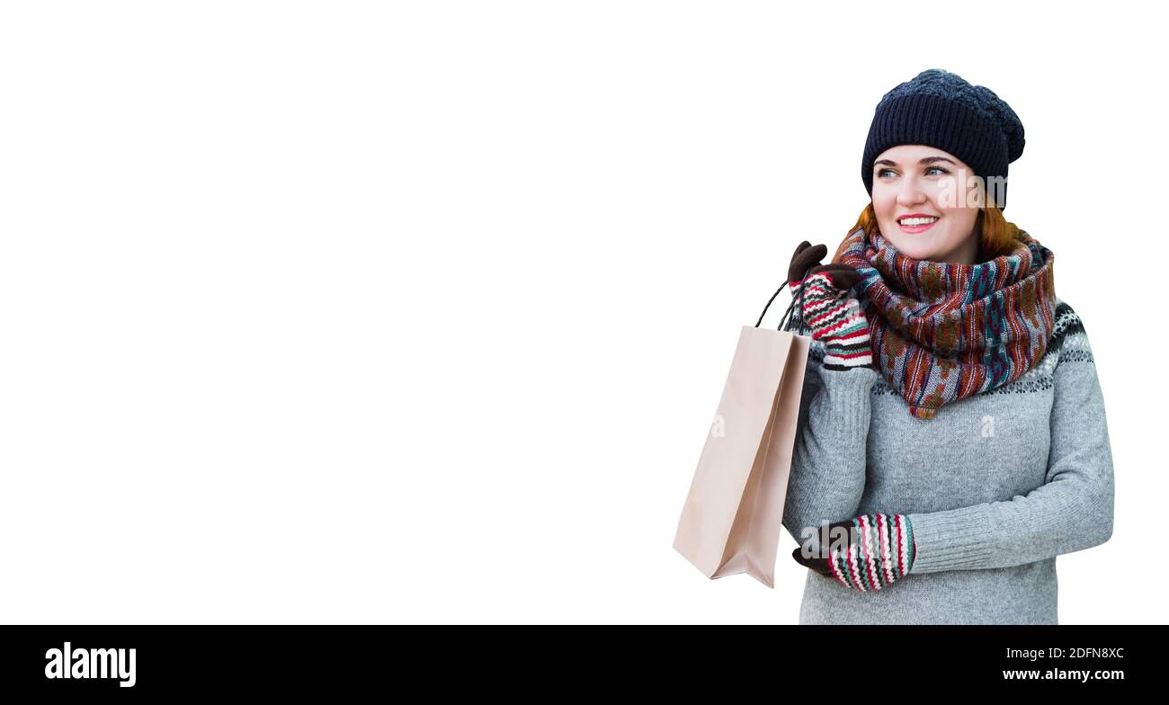 Woman with shopping bag. Winter sale Stock Photo