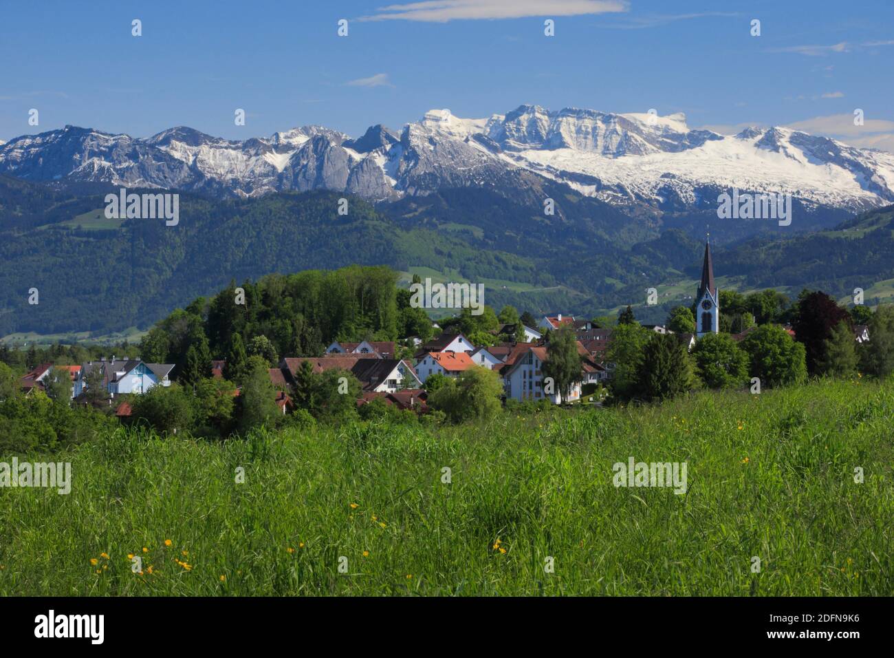Bubikon village, in front of the Glaernisch, Glarus Alps, Zurich Oberland, Switzerland Stock Photo