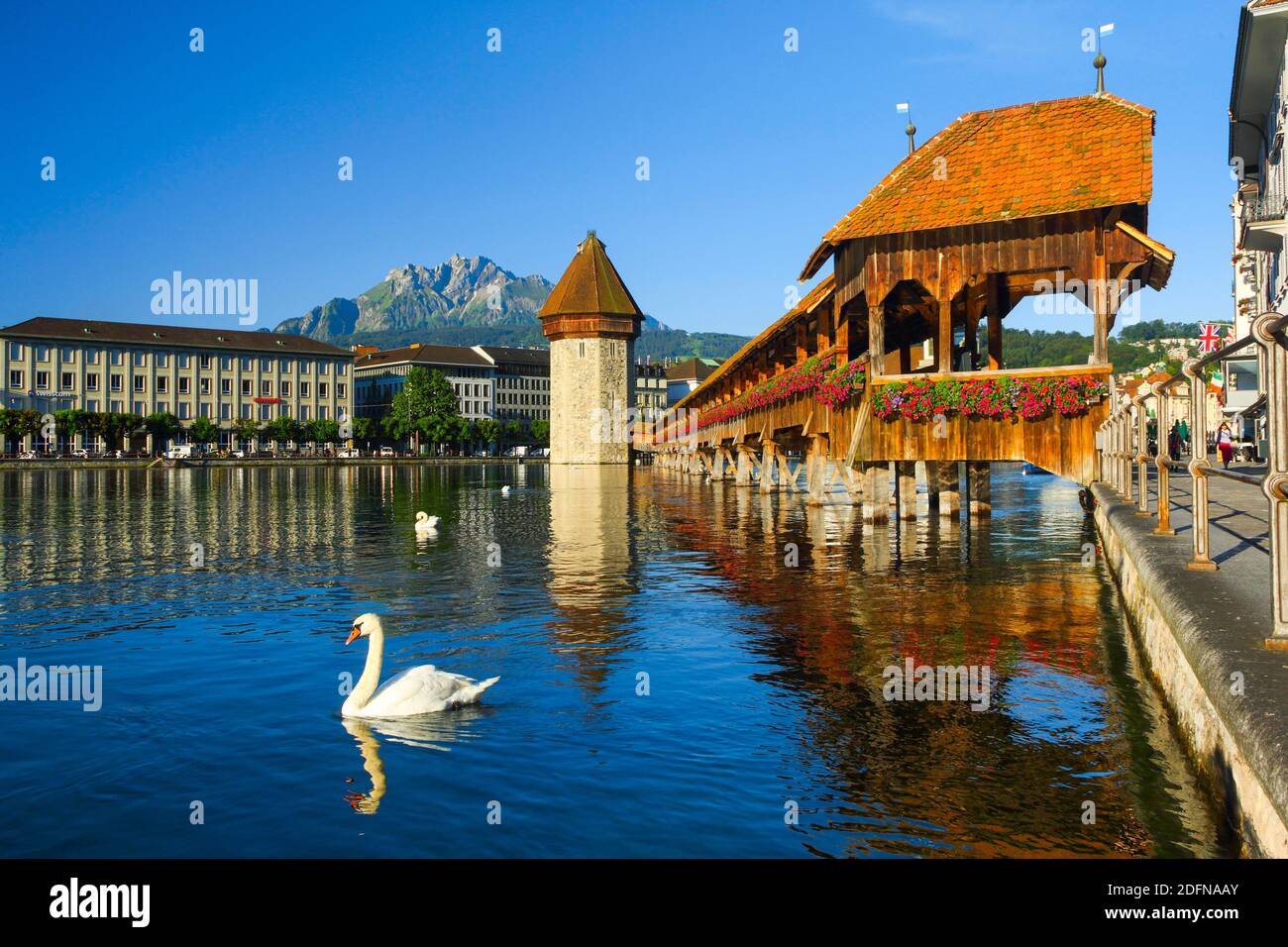 Chapel Bridge with Pilatus, City of Lucerne, Switzerland Stock Photo