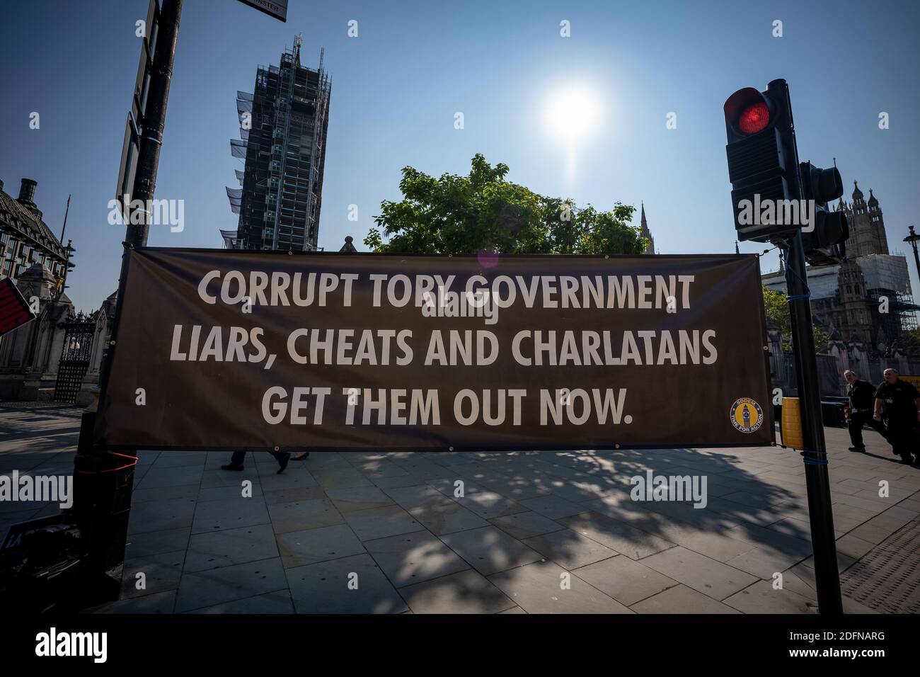 Anti-Brexiteer Steve Bray continues this all day Westminster protests exposing Tory government corruption and demanding UK re-join the EU. London, UK. Stock Photo