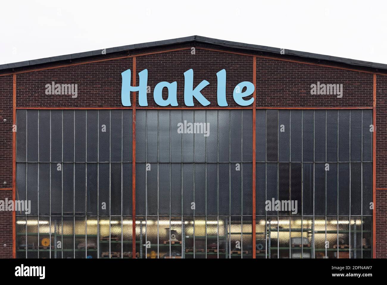 Hakle lettering on a factory hall, company in the paper industry, Duesseldorf, North Rhine-Westphalia, Germany Stock Photo