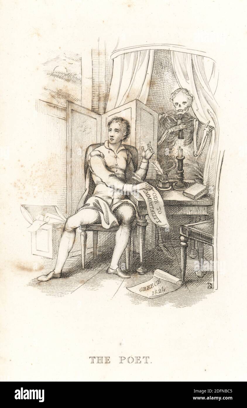 The poet and the skeleton of Death. The poet sits writing an Ode to Immortality at his desk with a quill pen on a scroll, as the skeleton moves from behind a curtain to snuff out a candle with a candle extinguisher. Illustration drawn and engraved on steel by Richard Dagley from his own Death’s Doings, Consisting of Numerous Original Compositions in Verse and Prose, J. Andrews, London, 1827. Dagley (1761-1841) was an English painter, illustrator and engraver. Stock Photo