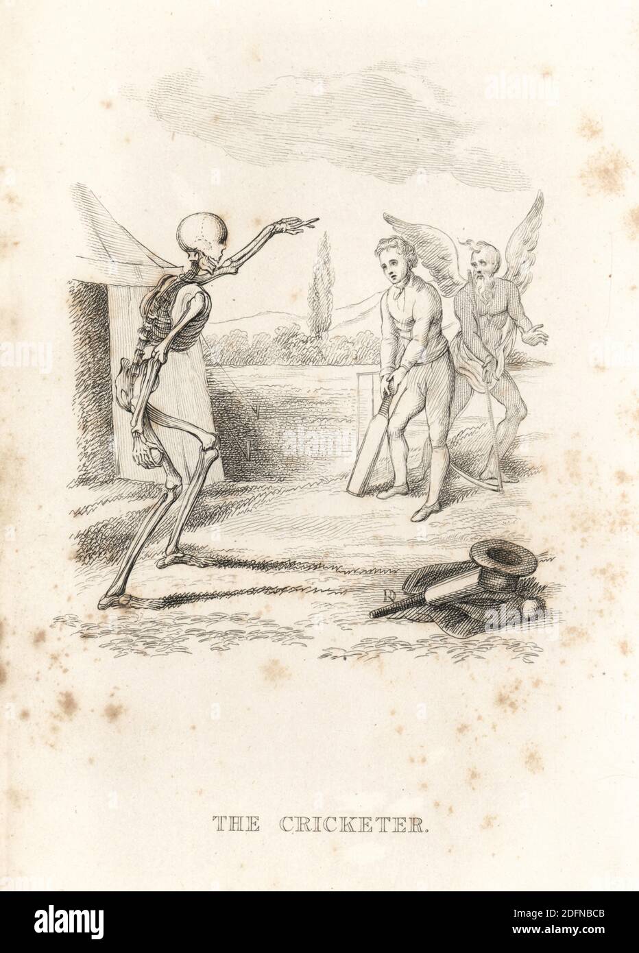 The skeleton of Death bowls a ball at a cricketer at bat. The wicket keeper is Father Time with his scythe. A top hat, coat, cricket bat and ball lie on the ground. Illustration drawn and engraved on steel by Richard Dagley from his own Death’s Doings, Consisting of Numerous Original Compositions in Verse and Prose, J. Andrews, London, 1827. Dagley (1761-1841) was an English painter, illustrator and engraver. Stock Photo