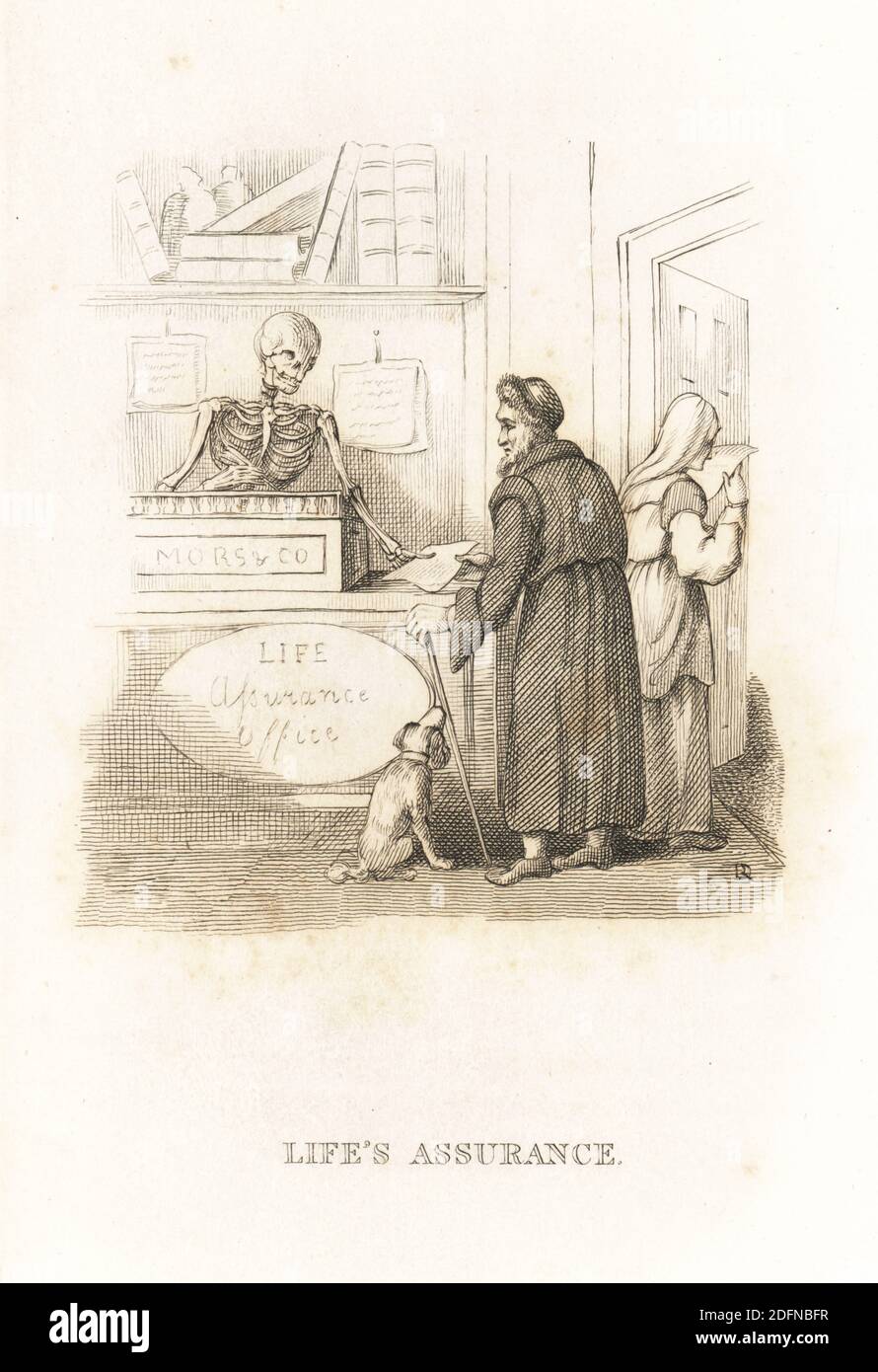 The skeleton of Death at the insurance office. Death behind the counter with a quill pen gives out Life Assurance contracts to an old man and woman in an office. Illustration drawn and engraved on steel by Richard Dagley from his own Death’s Doings, Consisting of Numerous Original Compositions in Verse and Prose, J. Andrews, London, 1827. Dagley (1761-1841) was an English painter, illustrator and engraver. Stock Photo