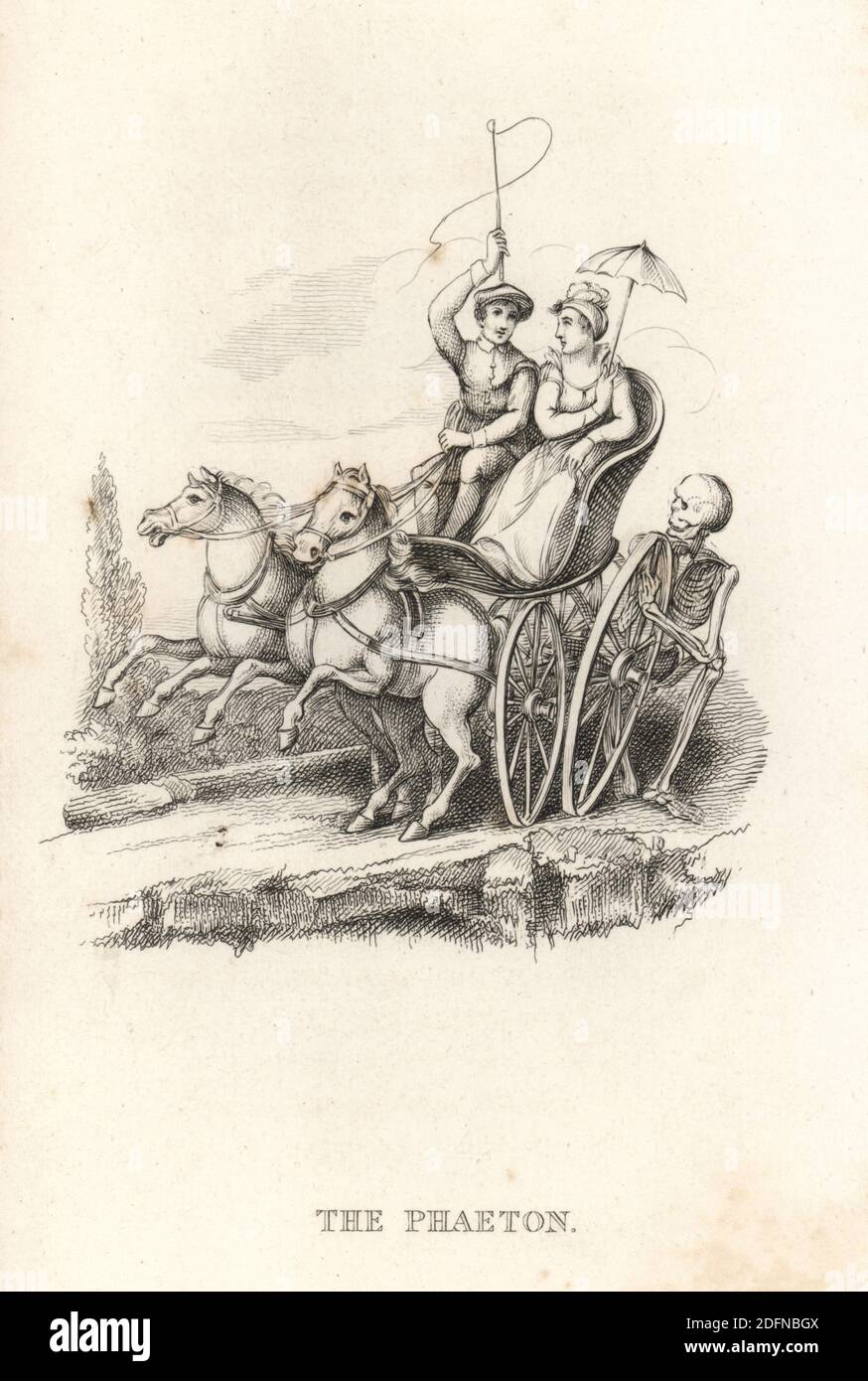The skeleton of Death and the Phaeton. Death kneels behind a two-horse gig loosening one wheel from the axle. A man cracks a whip in the driver’s seat and a woman holds a parasol. Illustration drawn and engraved on steel by Richard Dagley from his own Death’s Doings, Consisting of Numerous Original Compositions in Verse and Prose, J. Andrews, London, 1827. Dagley (1761-1841) was an English painter, illustrator and engraver. Stock Photo