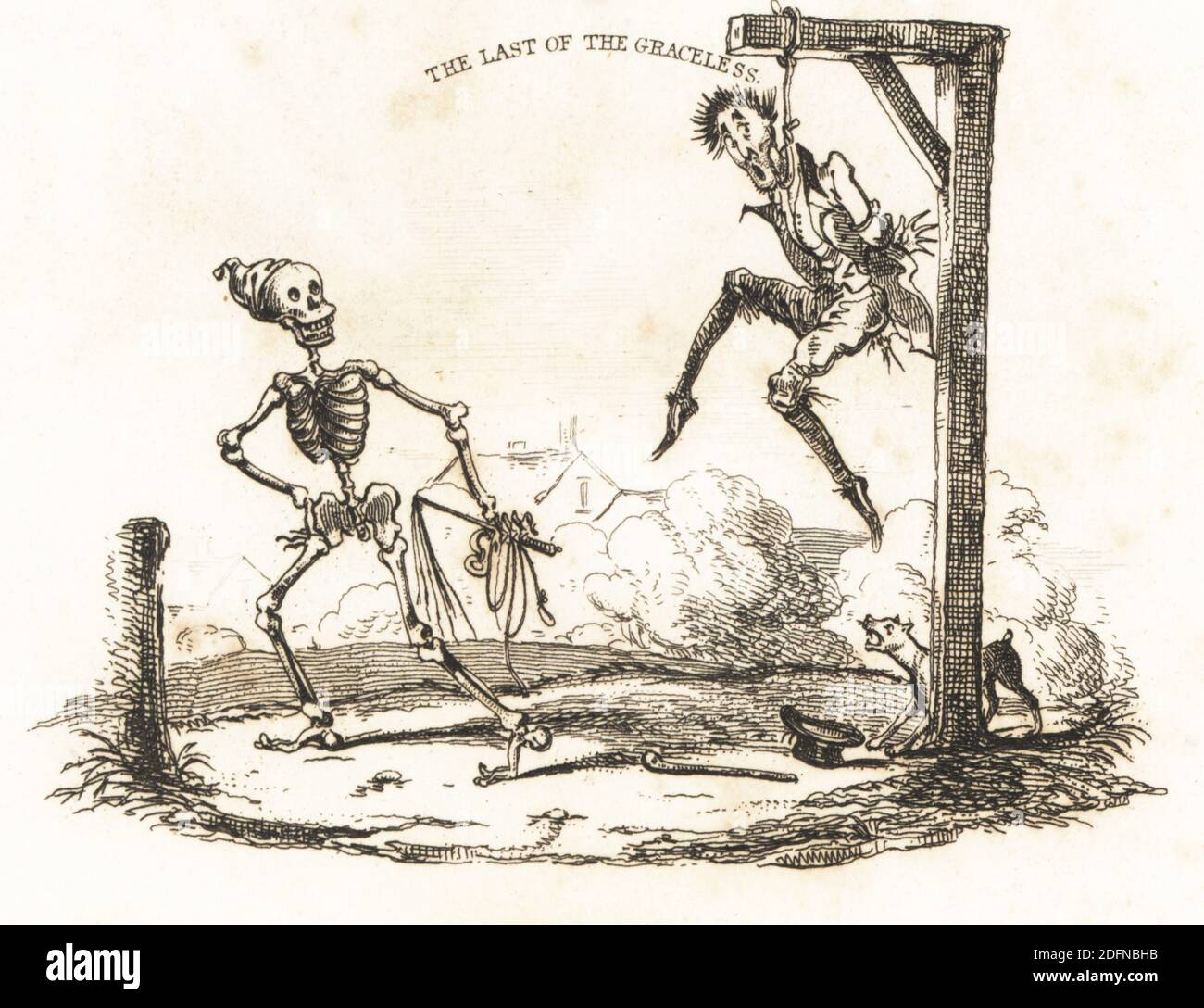 Vignette of the skeleton of Death with rope and whip looking at a man hanging from a gibbet, the Last of the Graceless. Drawn and engraved on steel by Richard Dagley from his own Death’s Doings, Consisting of Numerous Original Compositions in Verse and Prose, J. Andrews, London, 1827. Dagley (1761-1841) was an English painter, illustrator and engraver. Stock Photo