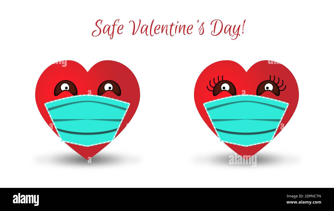 Two anthropomorphic hearts in medical face masks look at each other. inscription - Safe Valentine's Day. Stock Photo