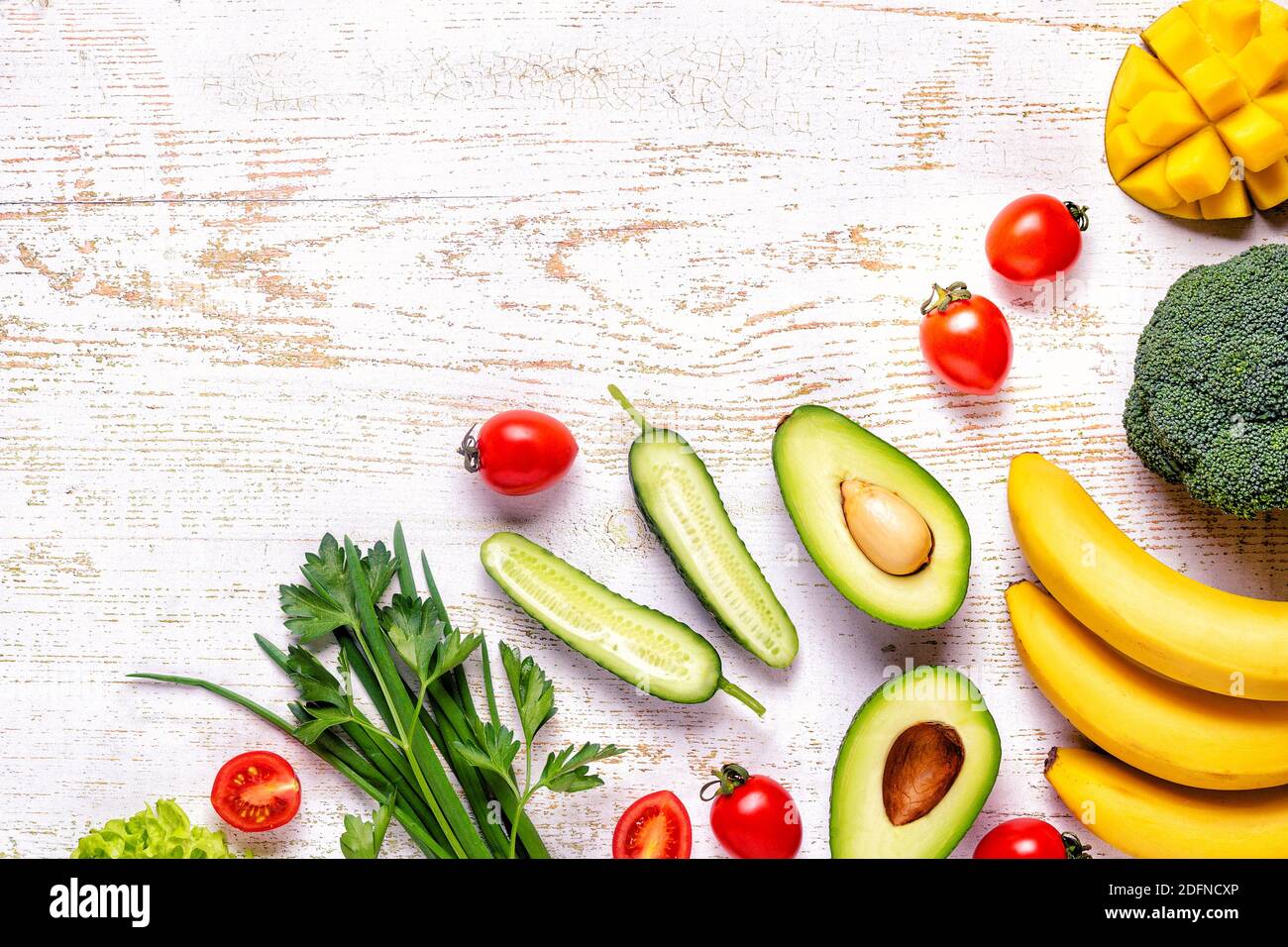 Healthy vegetables and fruits background with copy space Stock Photo ...