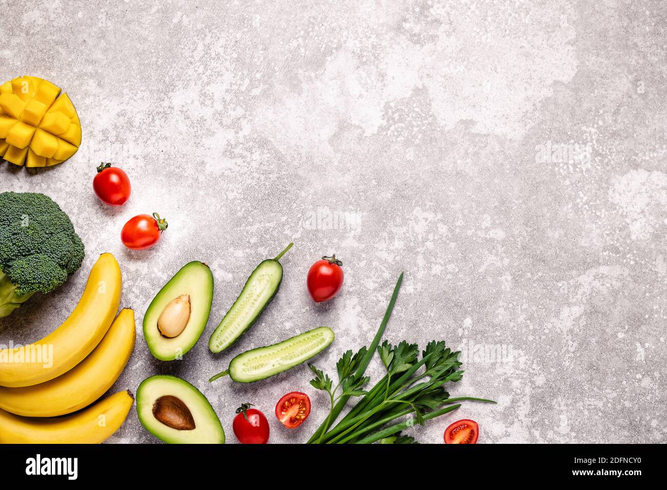 Healthy vegetables and fruits background with copy space Stock Photo ...