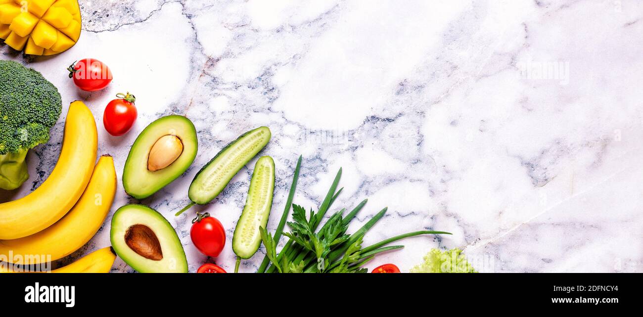 Healthy vegetables and fruits background with copy space Stock Photo ...