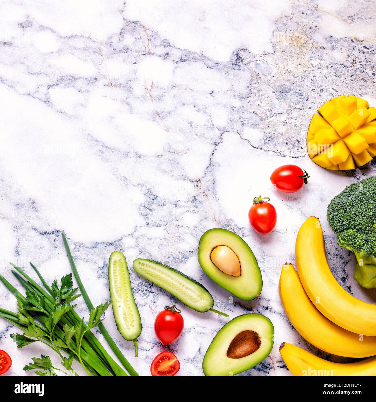 Healthy vegetables and fruits background with copy space Stock Photo ...