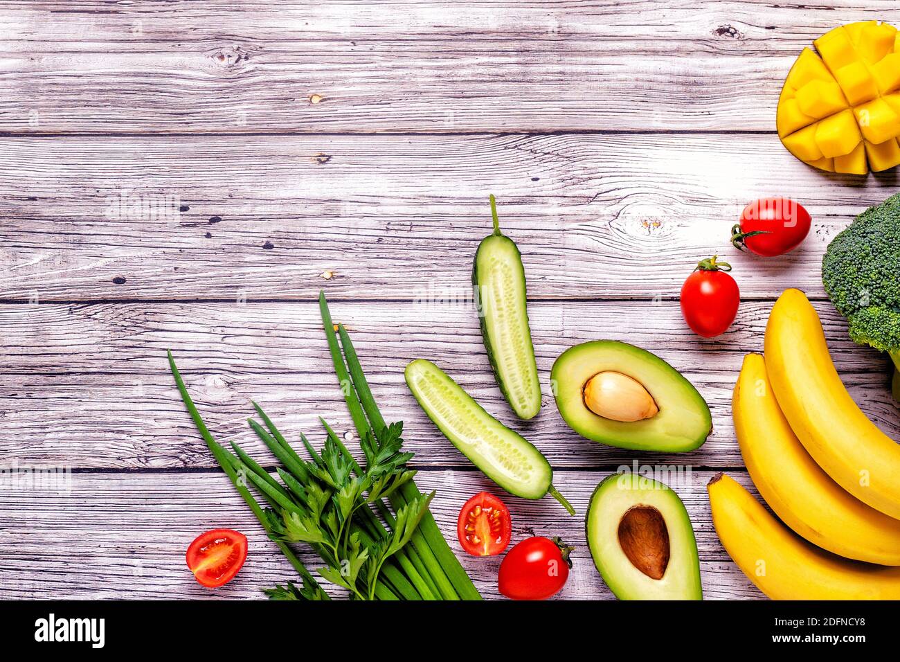 Healthy vegetables and fruits background with copy space Stock Photo ...