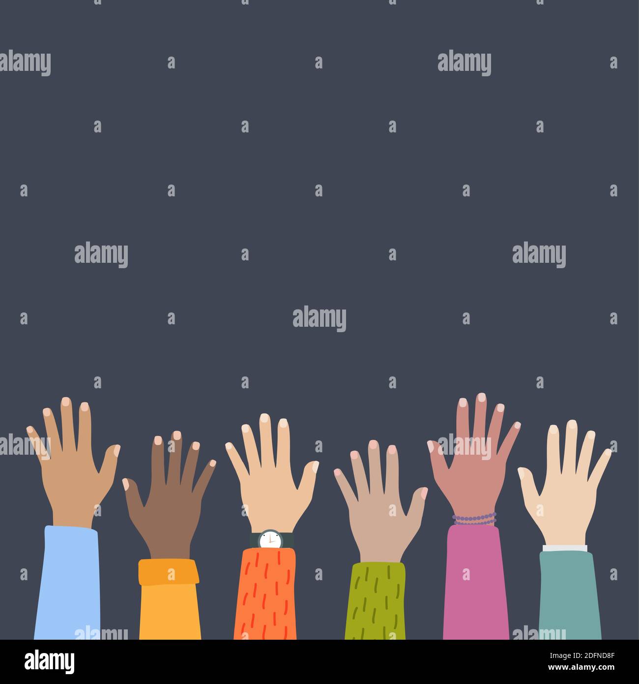 Multicultural and multiethnic people community integration concept with raised human hands. Racial equality of different culture and countries backgro Stock Vector