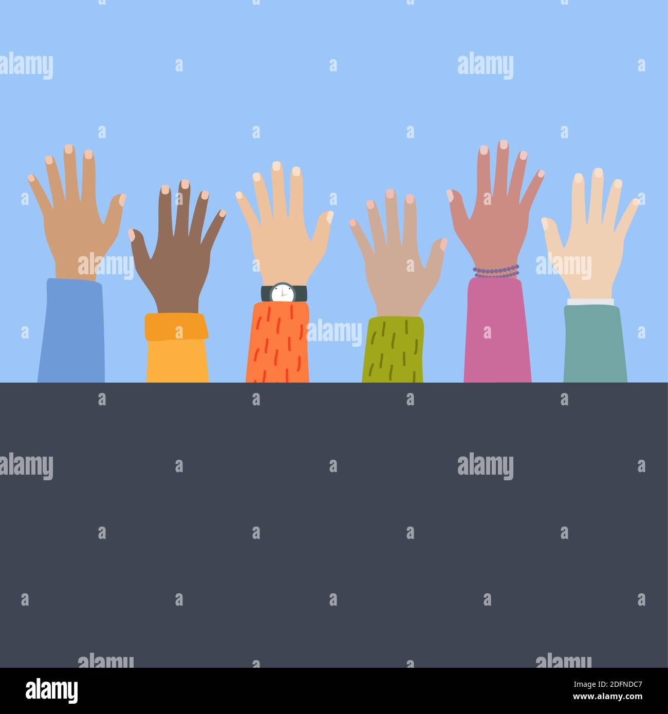 Multicultural and multiethnic people community integration concept with raised human hands. Racial equality of different culture and countries backgro Stock Vector