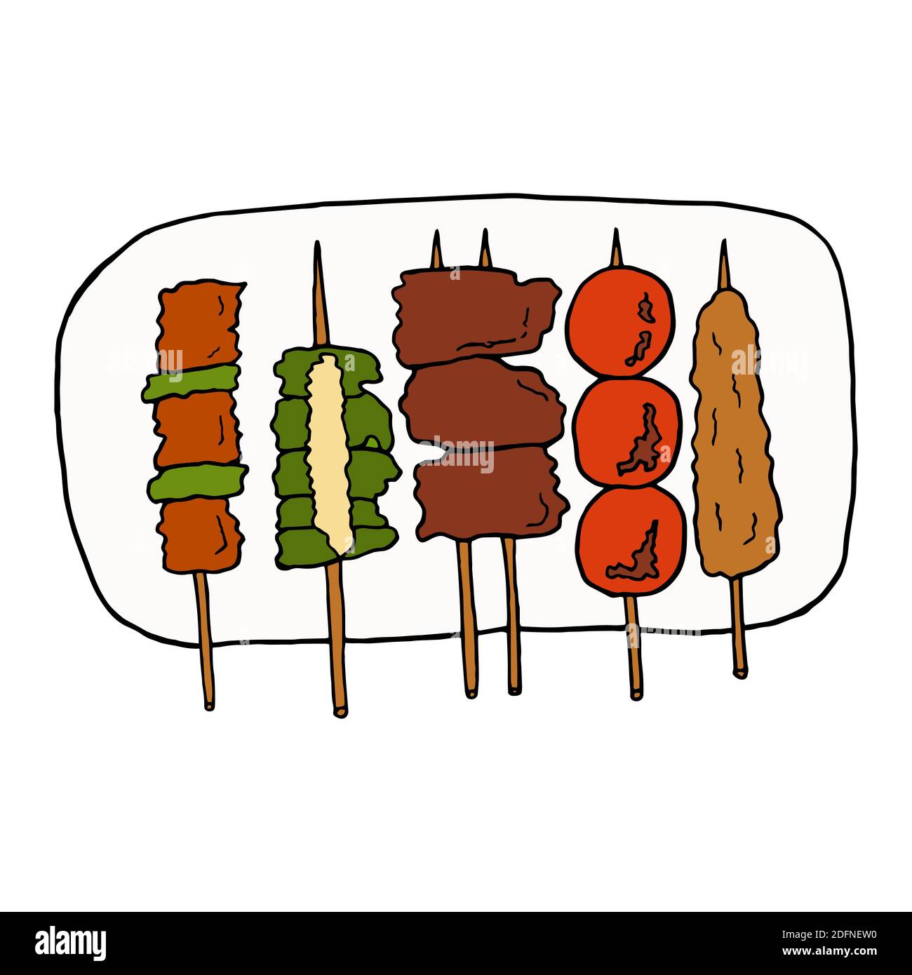 Vector hand drawn doodle yakitori. Japanese barbecue. Design sketch element for menu cafe, restaurant, label and packaging. Colorful illustration on a Stock Vector