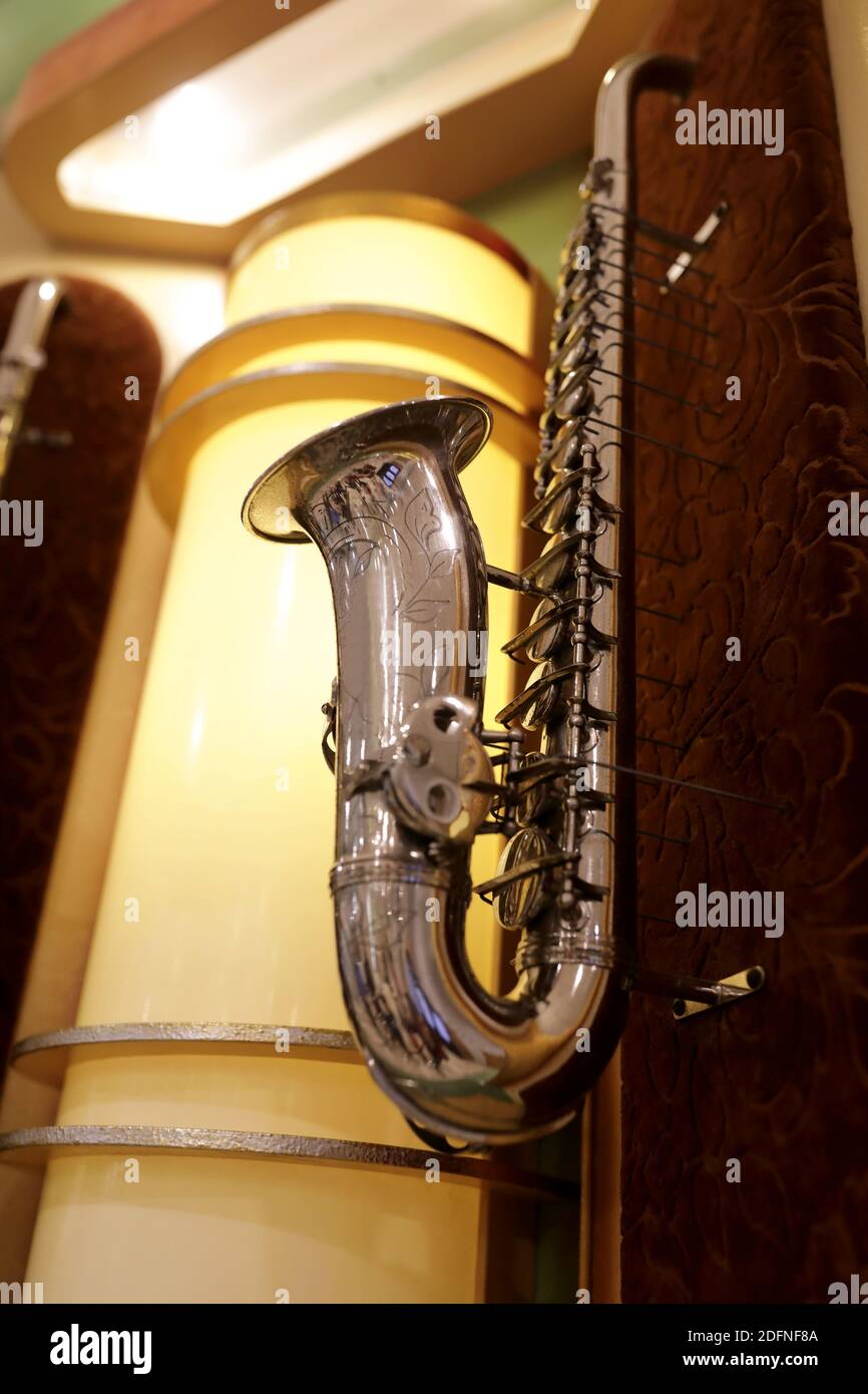 Wall mounted saxophone as part of automatic orchestra Stock Photo Alamy
