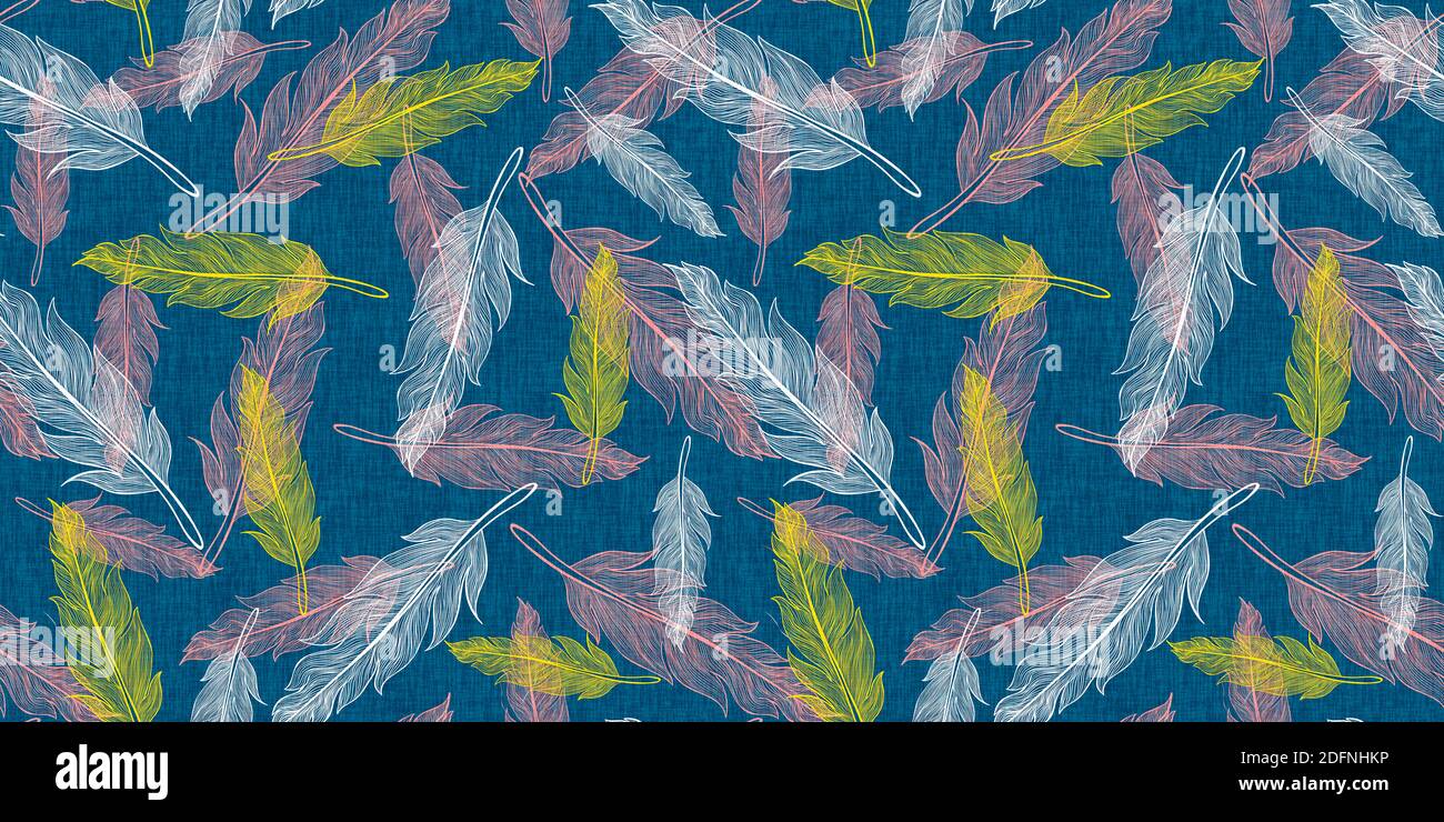 Vintage seamless feather pattern. Retro pattern with colorful feathers. Vintage feather texture. Stock Photo