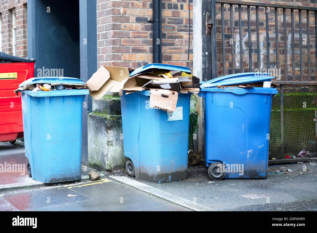 Blue recycle wheelie bins in row for collection outside house Stock