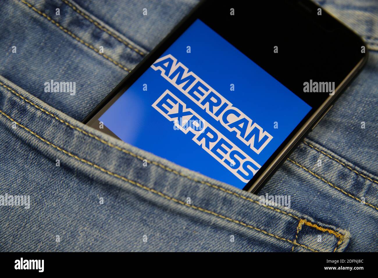Viersen, Germany - November 9. 2020: Close up of isolated mobile phone with  American Express logo lettering in jeans pocket Stock Photo - Alamy