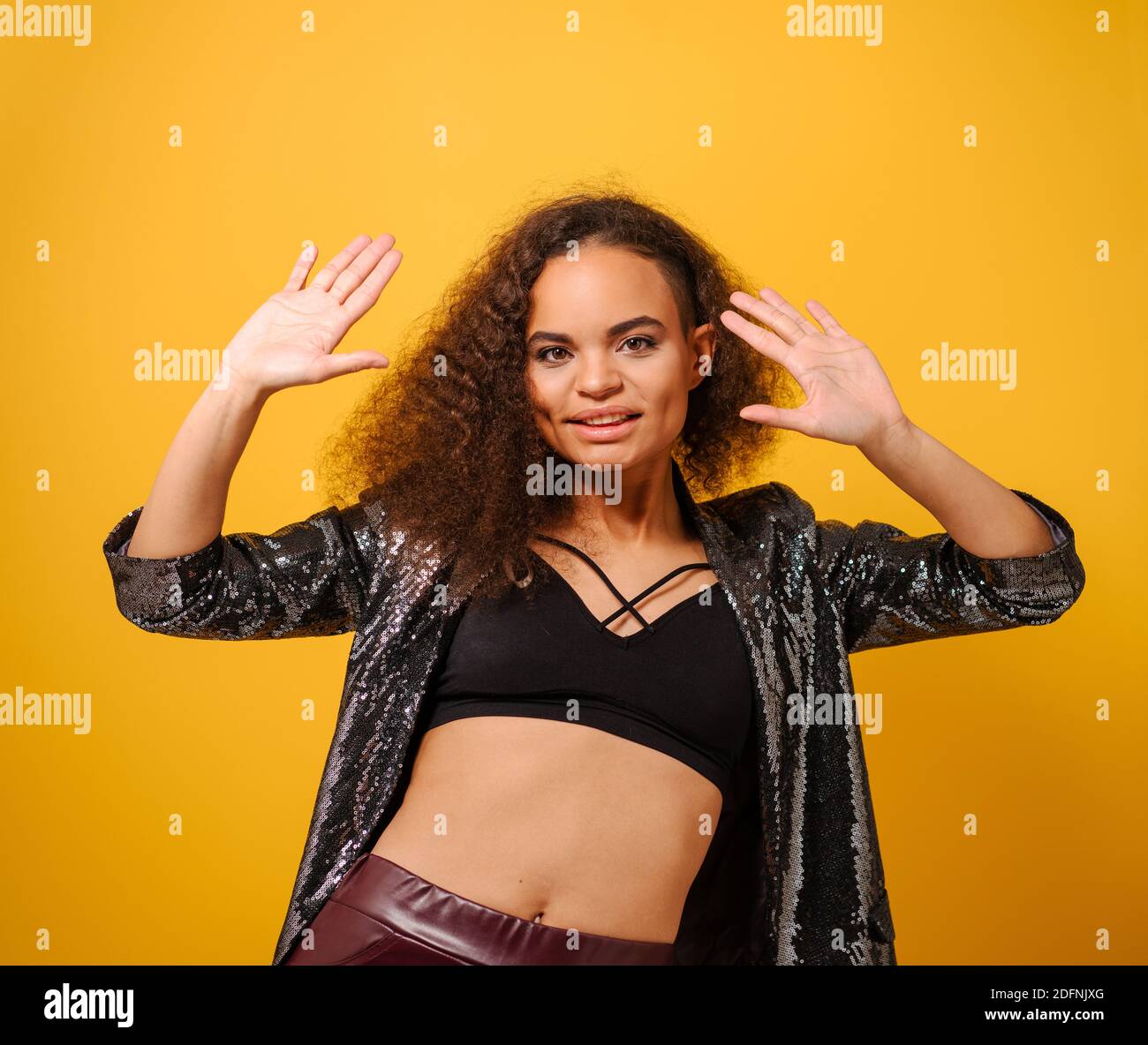 Fashion beautiful African American model young woman with long curly ...