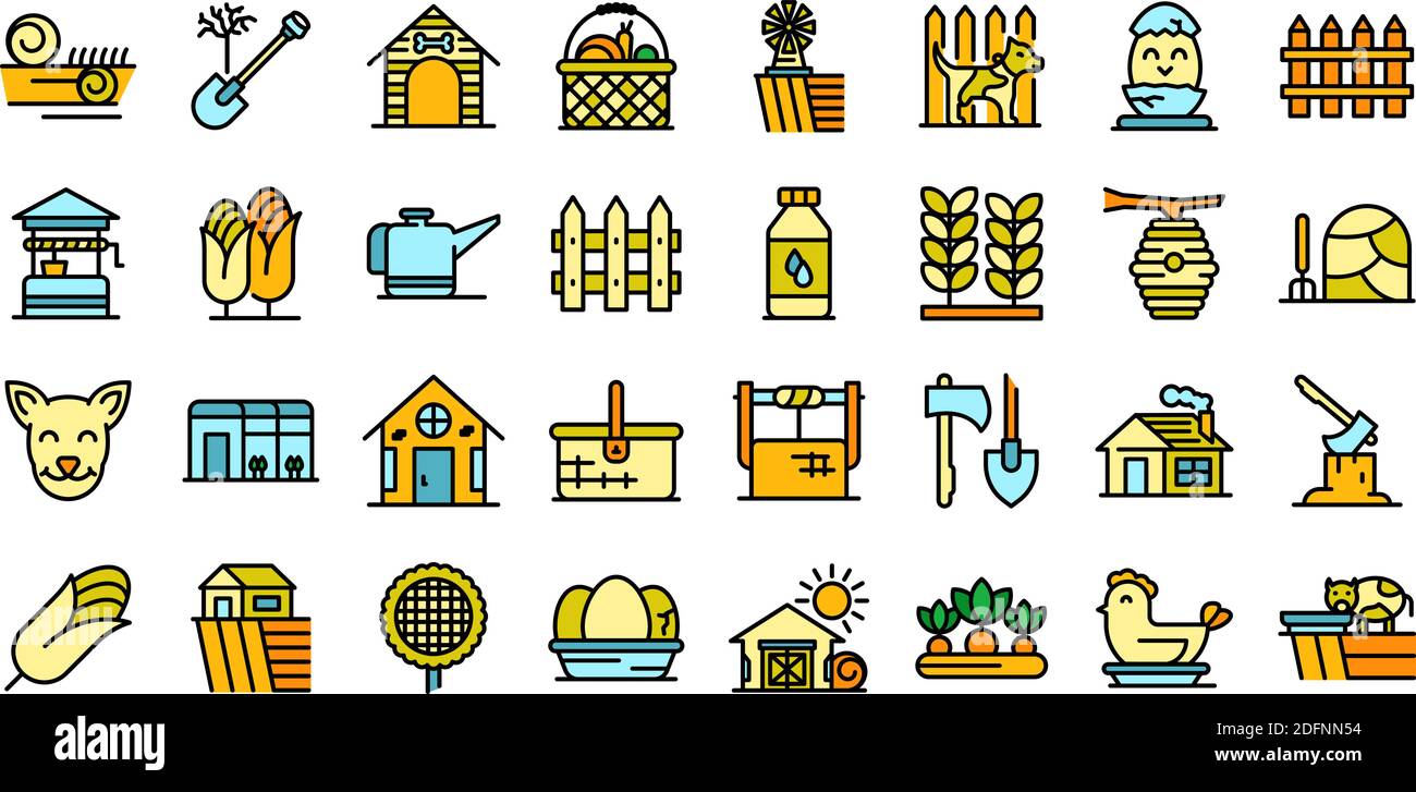 Village icons set. Outline set of village vector icons thin line color ...
