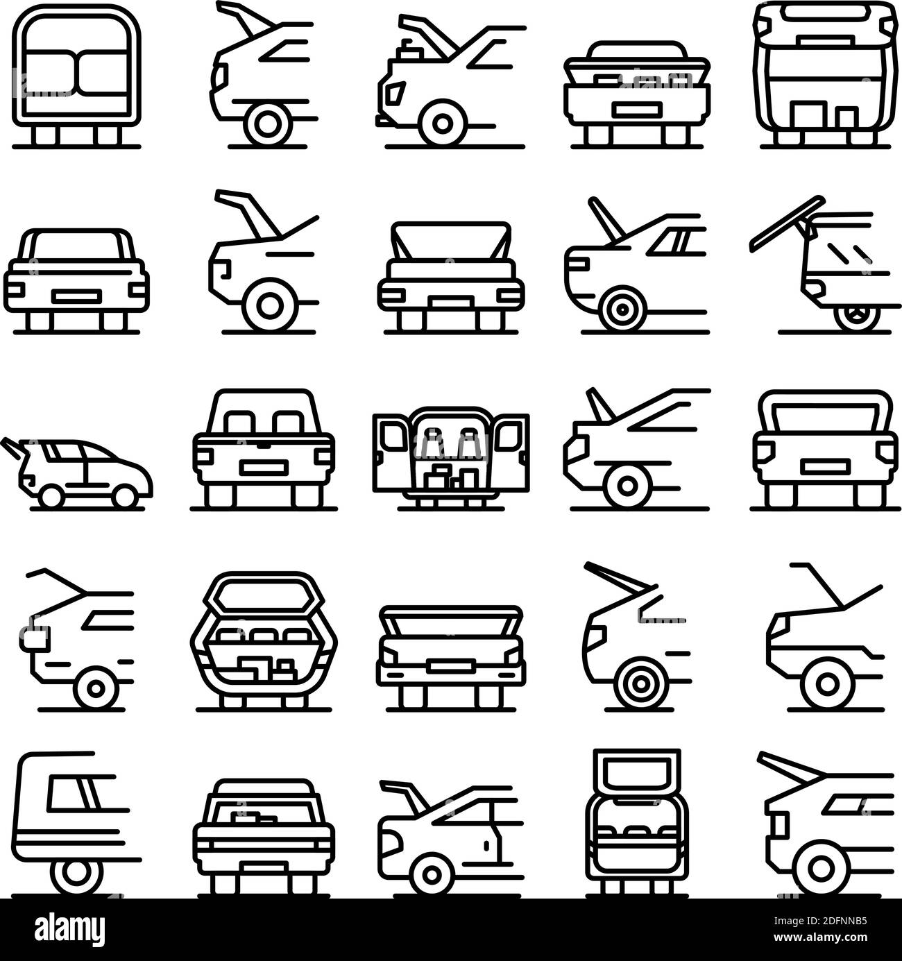 Trunk car icons set. Outline set of trunk car vector icons for web design isolated on white background Stock Vector
