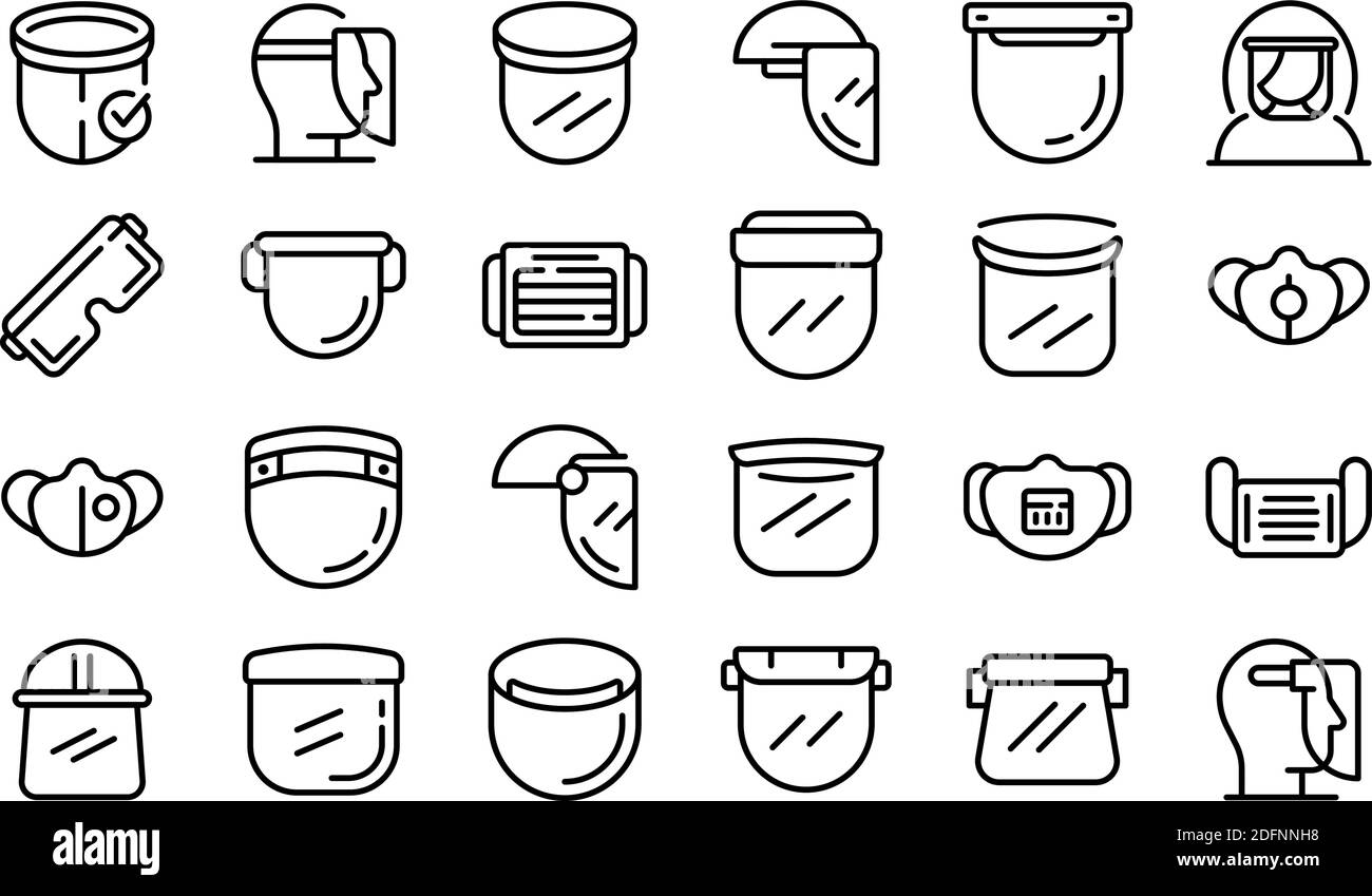 Face shield icons set. Outline set of face shield vector icons for web