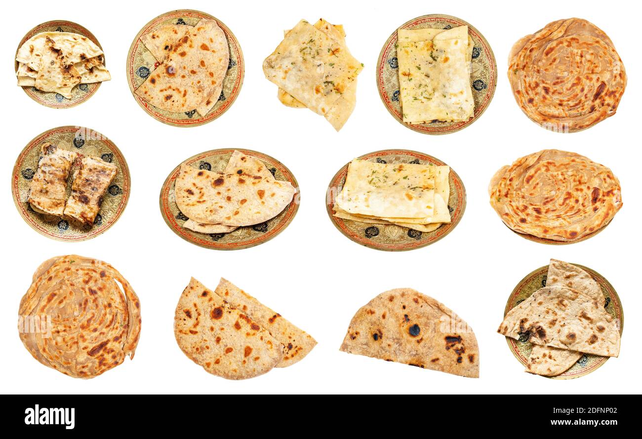 set of various naan (Indian flatbread) isolated on white background Stock Photo