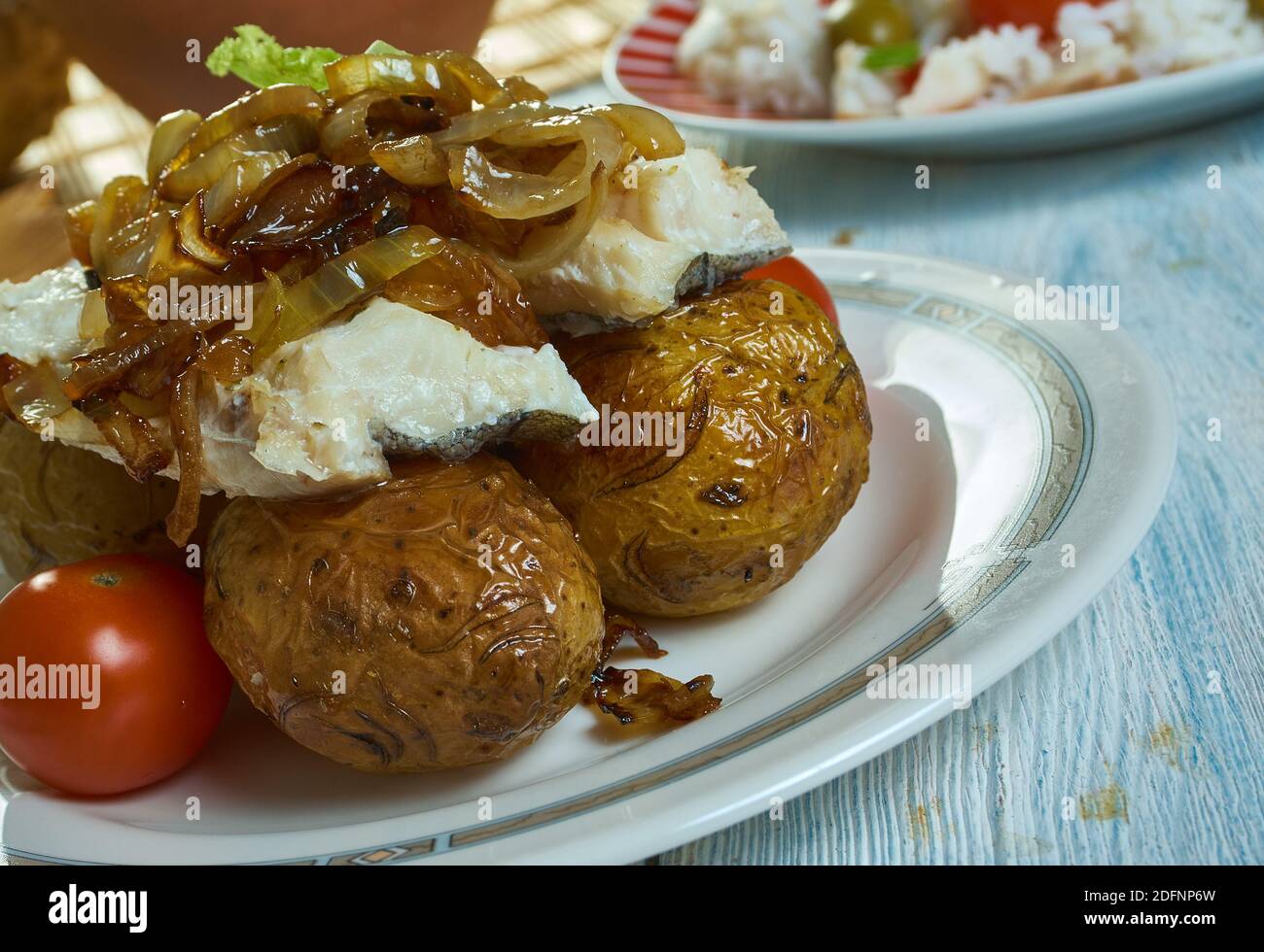 Bacalhau a lagareiro Portuguese Grilled Salted Cod Fish Stock Photo