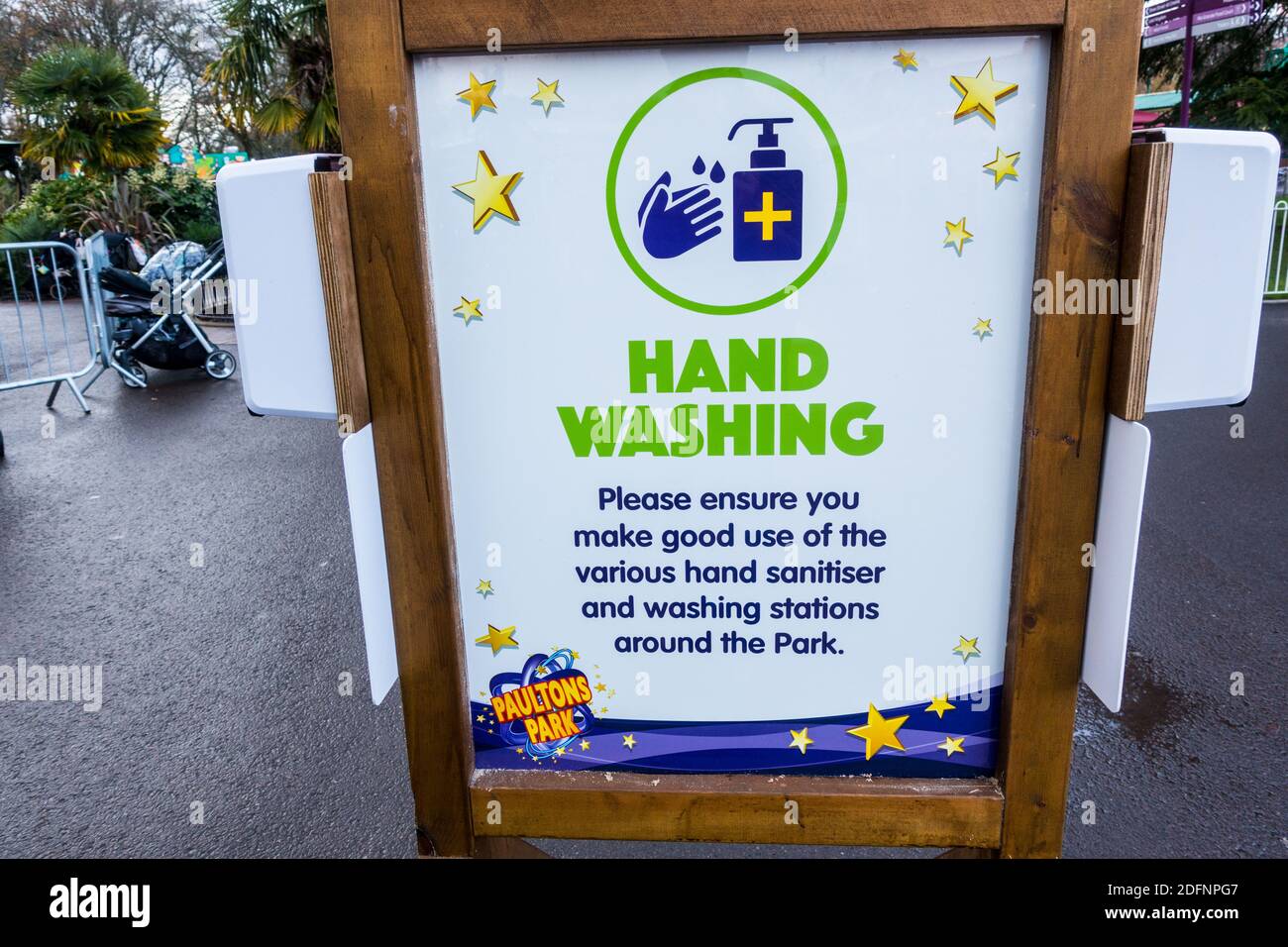 Covid / Coronavirus regulations inside Paulton Park encouraging customers to wash hands and stay 2m apart Stock Photo