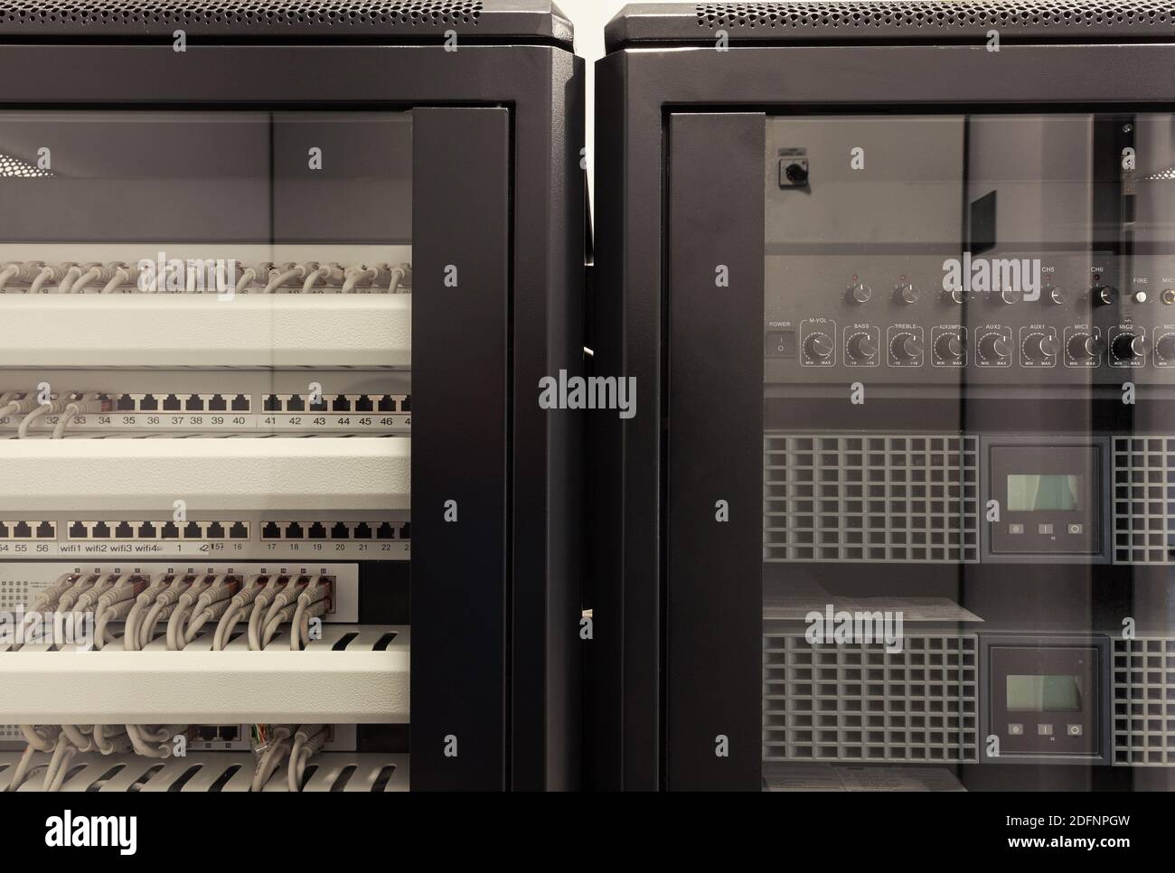 Modern rack of equipment for and multimedia devices installed