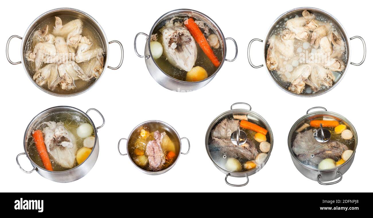 set of broth in stewpots isolated on white background Stock Photo