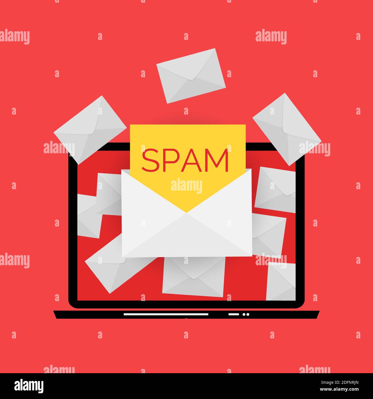 Envelope with spam. Spam Email Warning Window On Laptop Screen. Vector Illustration. Stock Vector