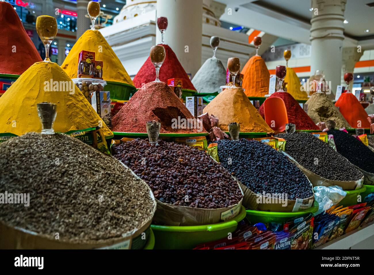 Colorful spice cones inside Main Market Hall in Dushanbe, Capital City