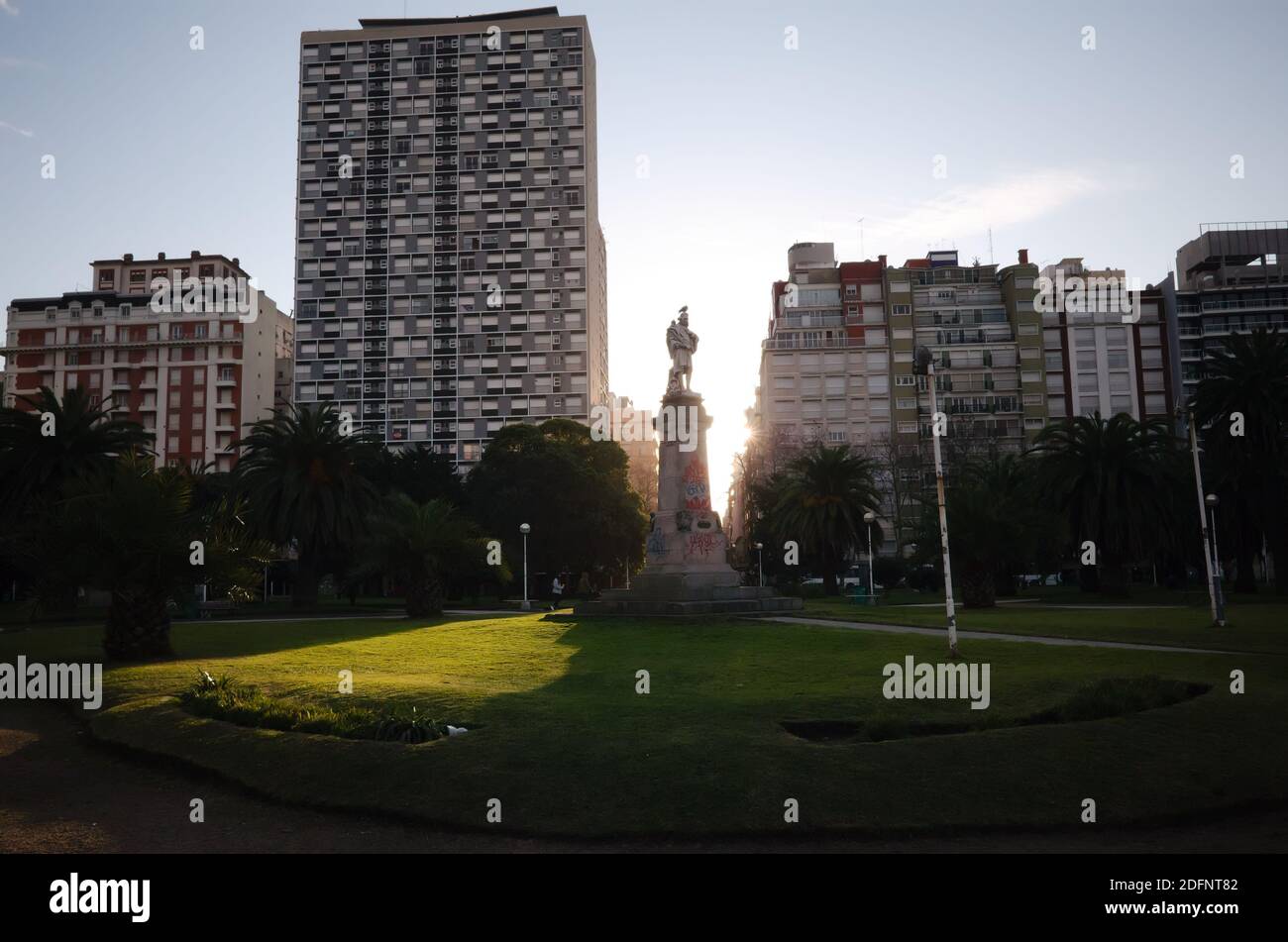 Mar del Plata, Buenos Aires province, Argentina - July, 2020: Monument of Cristobal Colon (Christopher Columbus) against sunlight at Plaza Colon Stock Photo