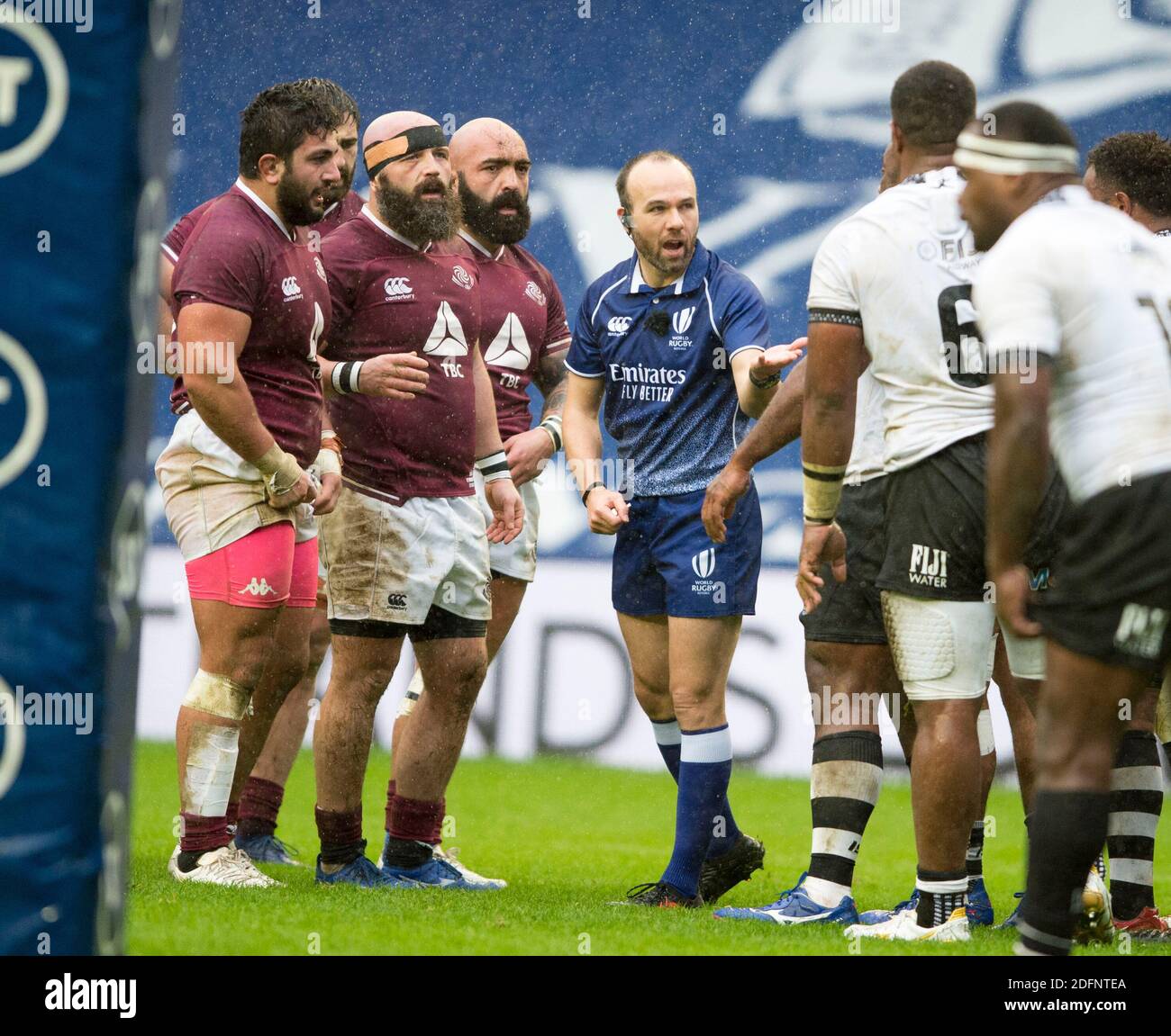 Referee Mike Adamson talks to the front row forwards during the Autumn Nations Cup Final - Georgia v Fiji, BT Murrayfield Stadium, Edinburgh, Scotland, UK. 5th December, 2020.    Credit: Ian Rutherford/Alamy Live News. Stock Photo