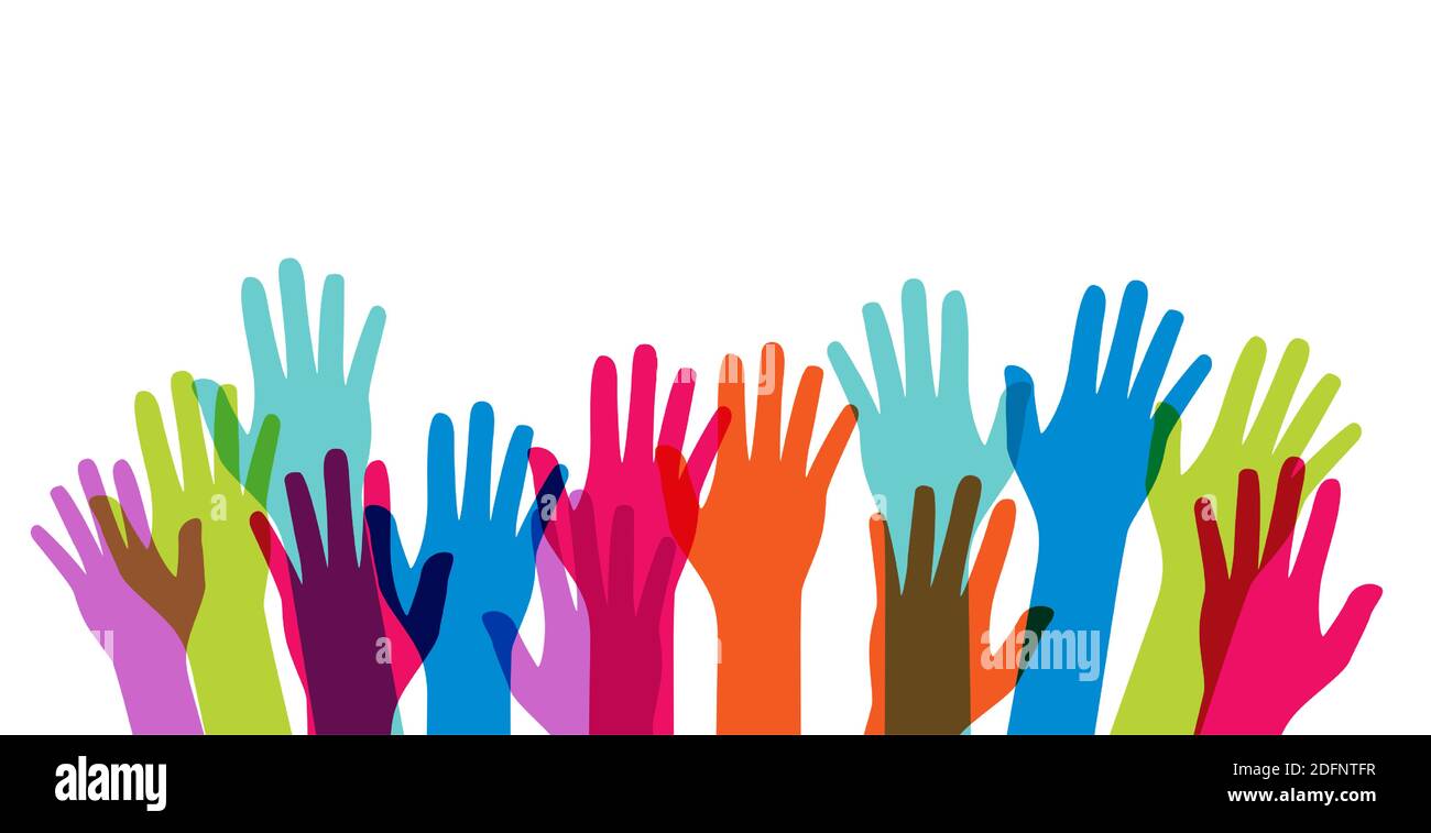 Multicultural and multiethnic people community integration concept with raised human hands. Racial equality of different culture and countries Stock Vector