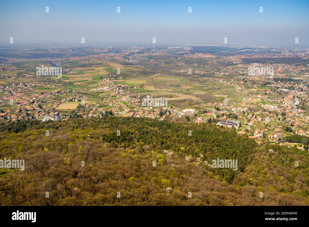Aerial view of the slopes of Avala Mountain, just outside of Belgrade ...