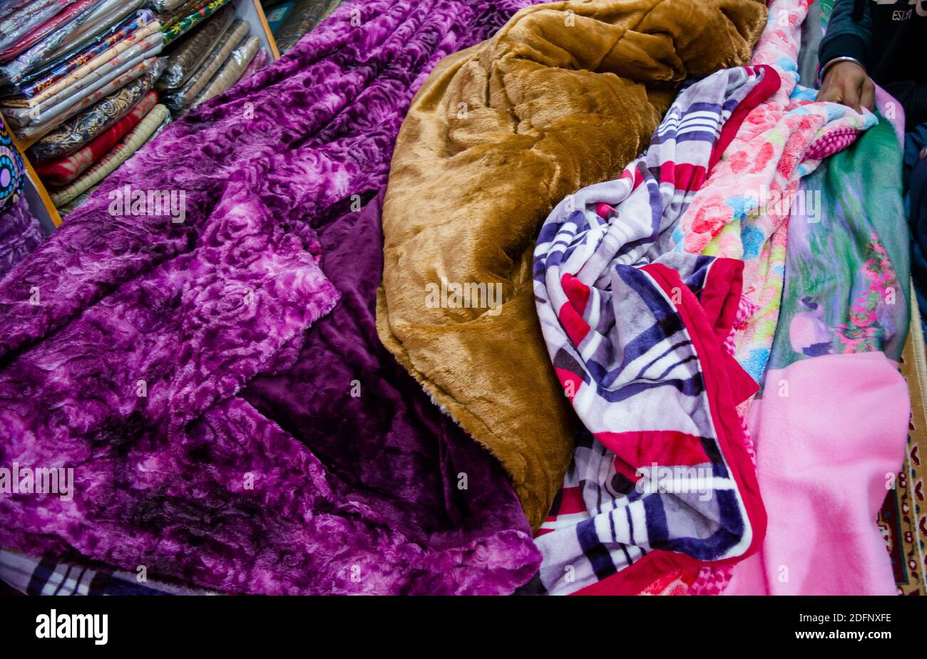 handmade colorful soft blankets made from bird bulbul fur, Patnitop Jammu Stock Photo