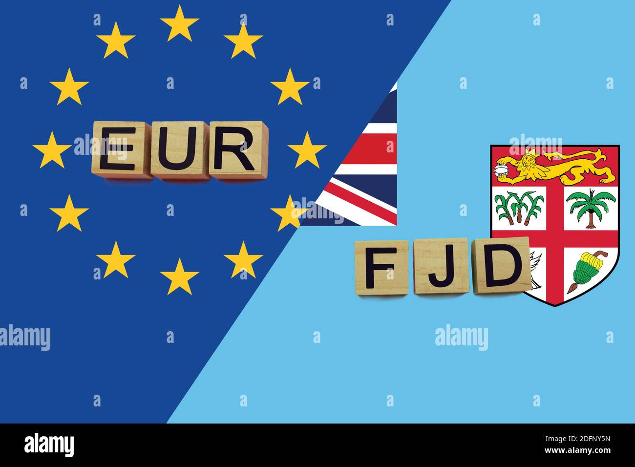 United Europe and Fiji currencies codes on national flags background